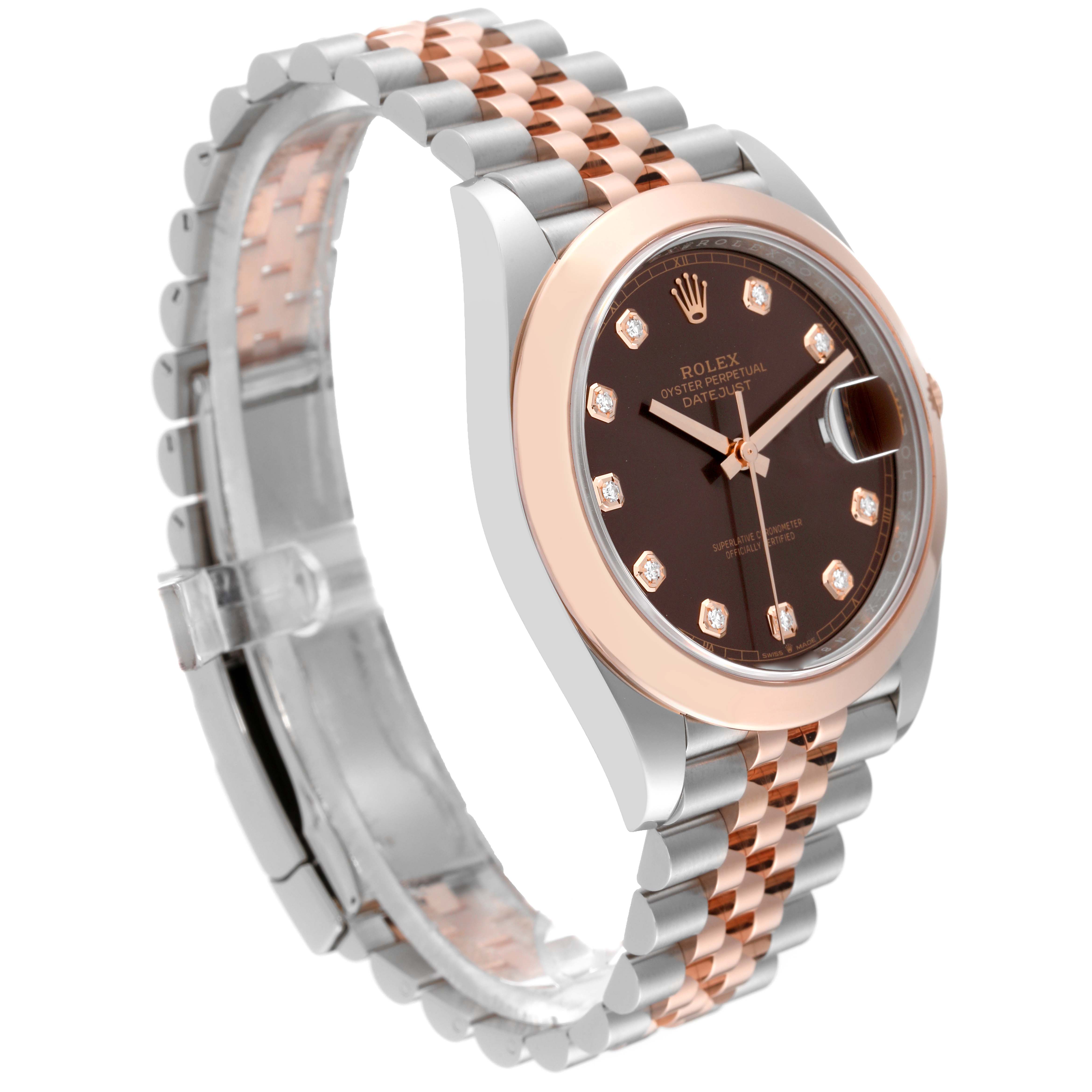The Rolex Datejust 41 126301 Men
s Steel and Gold (two tone) Brown Dial 126301 Men
s Steel and Gold (two tone) Brown Dial watch is shown at an angled side view, highlighting its case, dial, and two-tone bracelet.