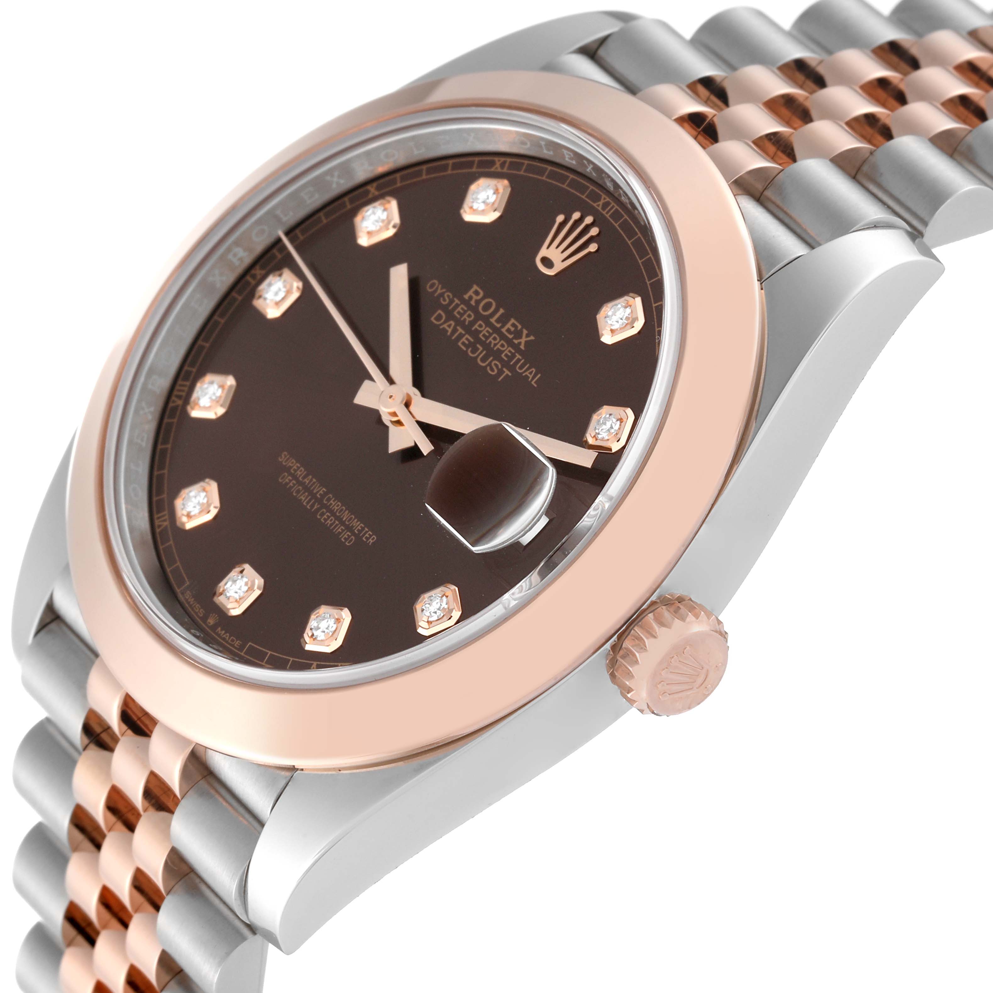 This Rolex Datejust 41 126301 Men
s Steel and Gold (two tone) Brown Dial 126301 Men
s Steel and Gold (two tone) Brown Dial model is shown from a close-up side angle, highlighting the dial, bezel, crown, and part of the bracelet.