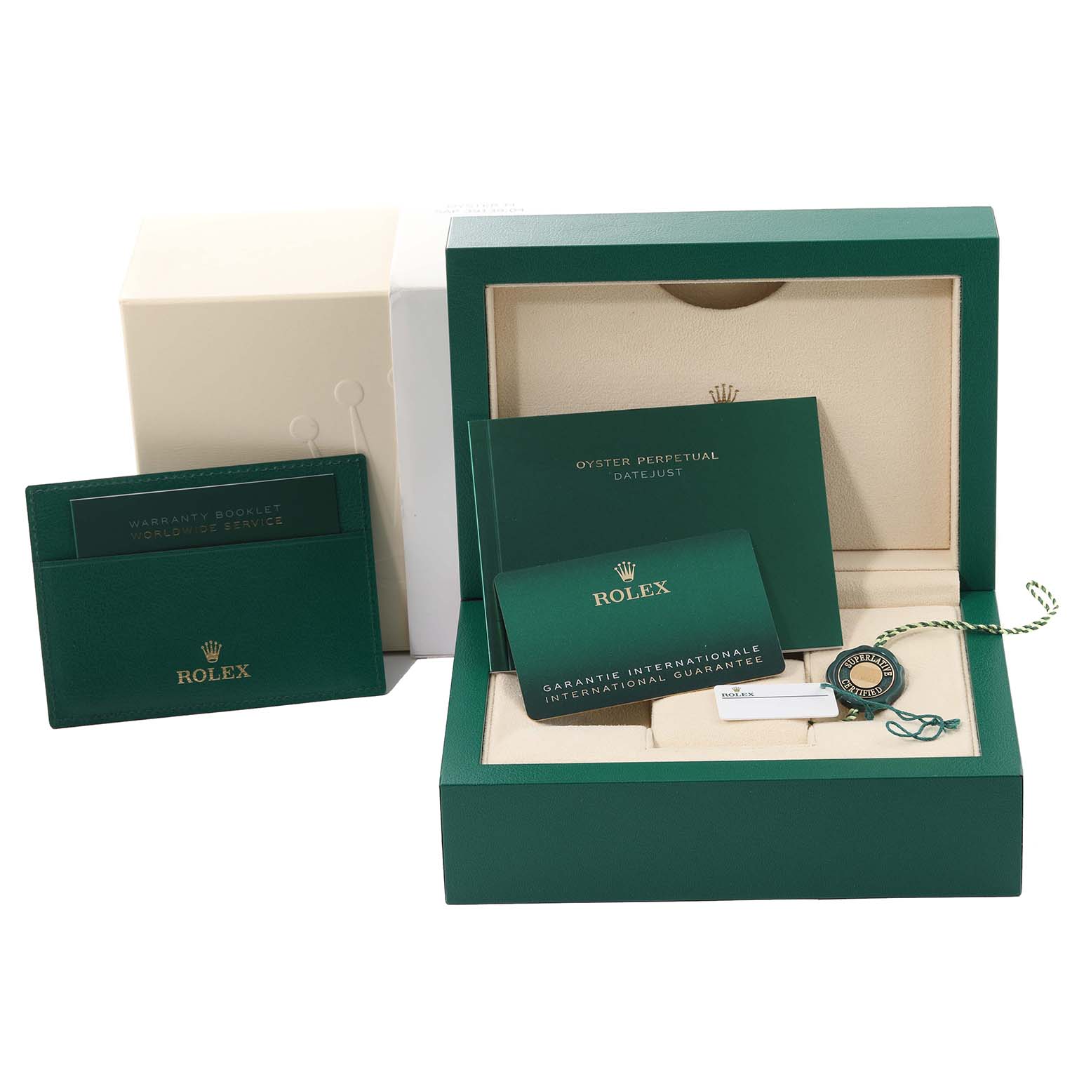 This image shows the original packaging, warranty booklets, and accessories for a Rolex Datejust 41 126301 Men
s Steel and Gold (two tone) Brown Dial 126301 Men
s Steel and Gold (two tone) Brown Dial.