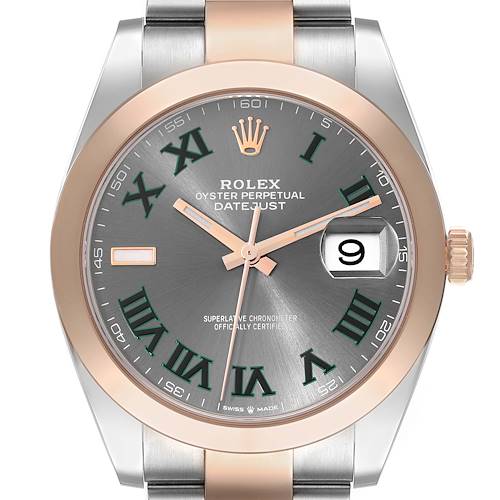 The Rolex Datejust 41 126301 Men's Steel and Gold (two tone) Grey Dial is shown from the front, highlighting its dial, bezel, hands, and part of the bracelet.