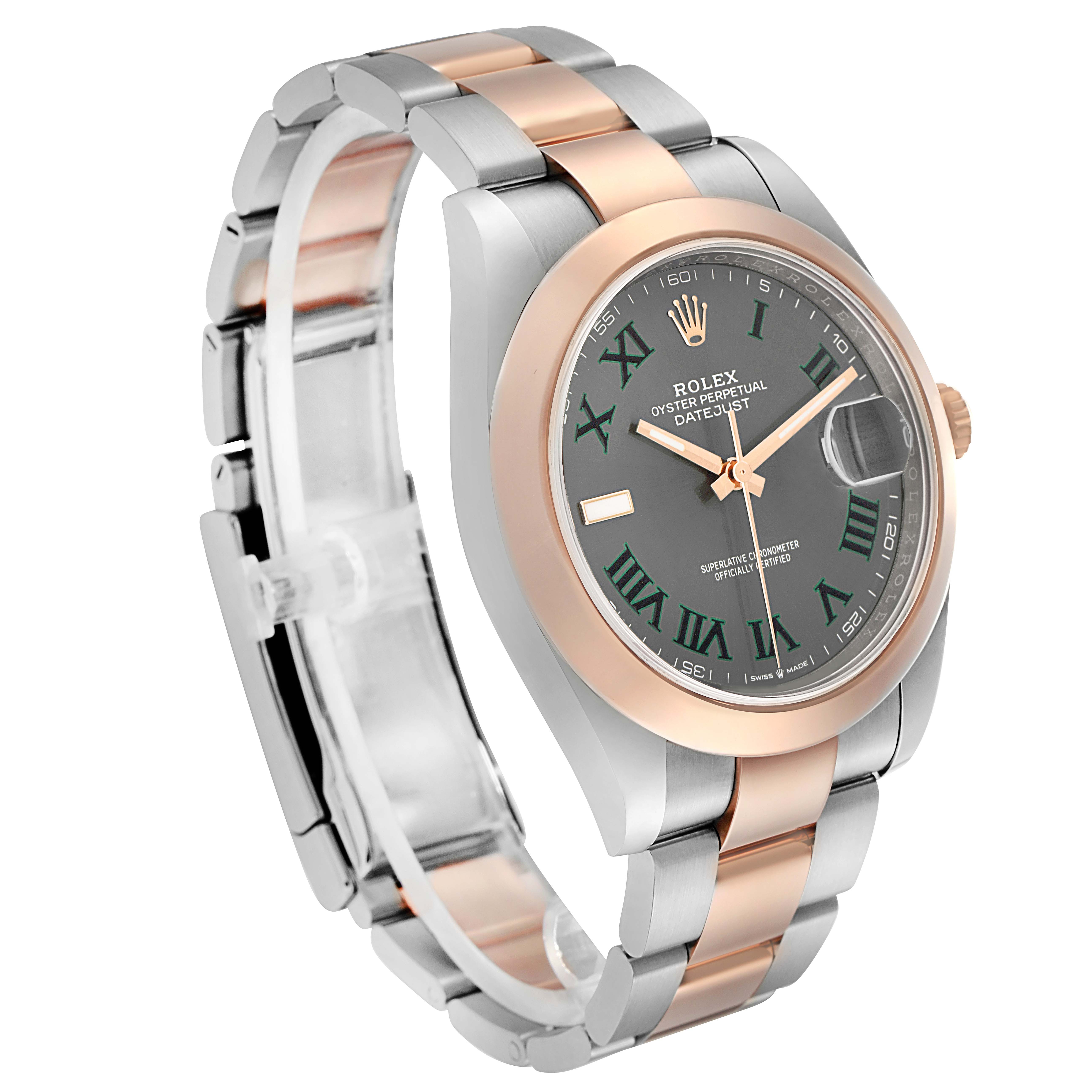 The Rolex Datejust 41 126301 Men's Steel and Gold (two tone) Grey Dial is shown at a three-quarter angle, displaying its dial, bezel, bracelet, and crown.
