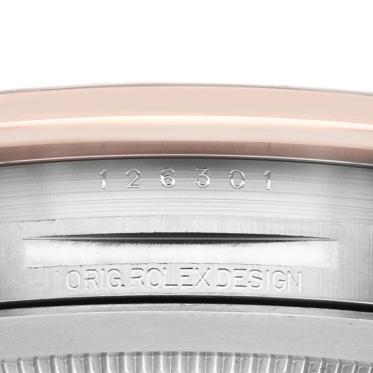 The image shows a close-up of the Rolex Datejust 41 126301 Men's Steel and Gold (two tone) Grey Dial's case, displaying the reference number and "Orig. Rolex Design" engraving.