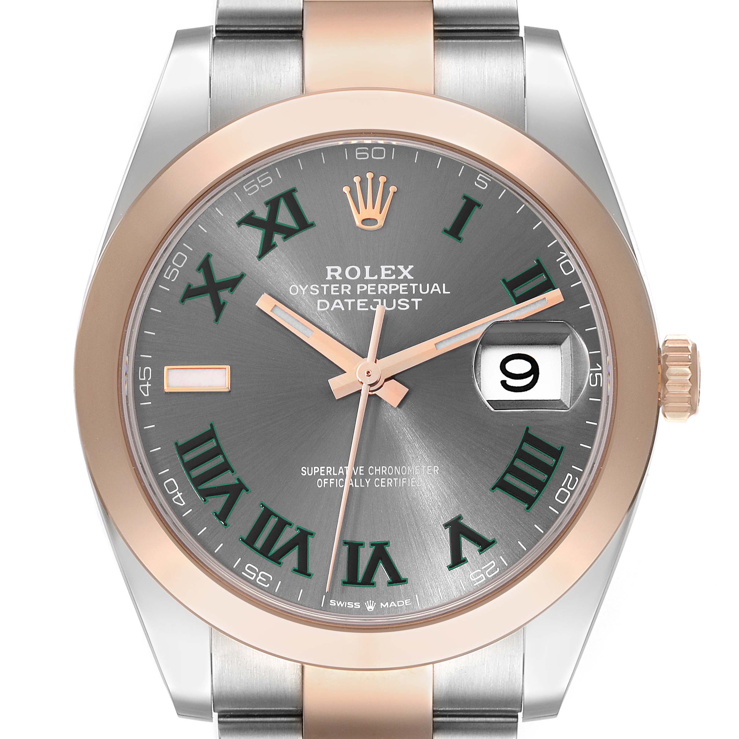 The Rolex Datejust 41 126301 Men's Steel and Gold (two tone) Grey Dial watch is shown from a front view, displaying the bezel, dial, hands, and bracelet.
