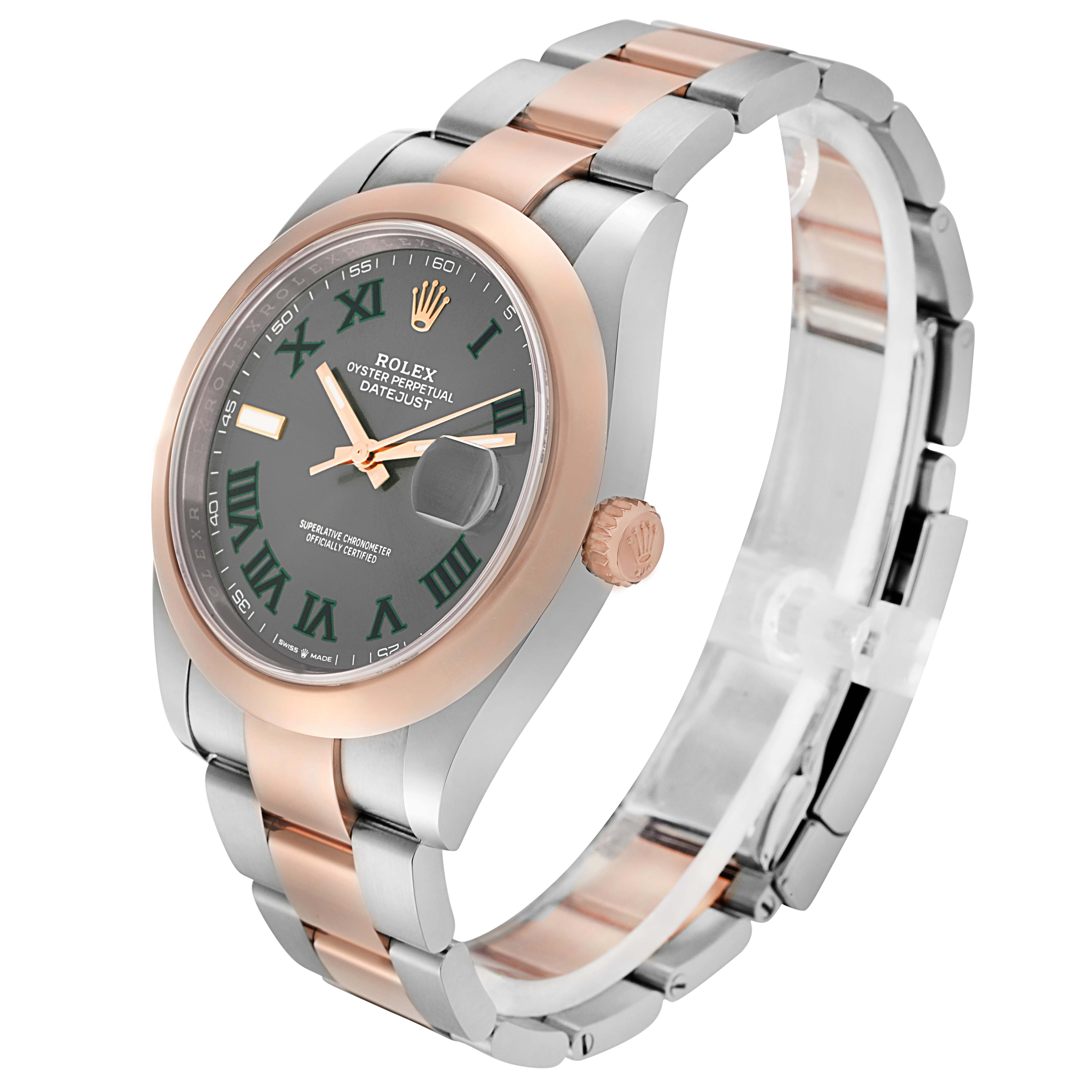 The Rolex Datejust 41 126301 Men's Steel and Gold (two tone) Grey Dial is shown at a three-quarter angle, highlighting the face, bezel, crown, and bracelet.
