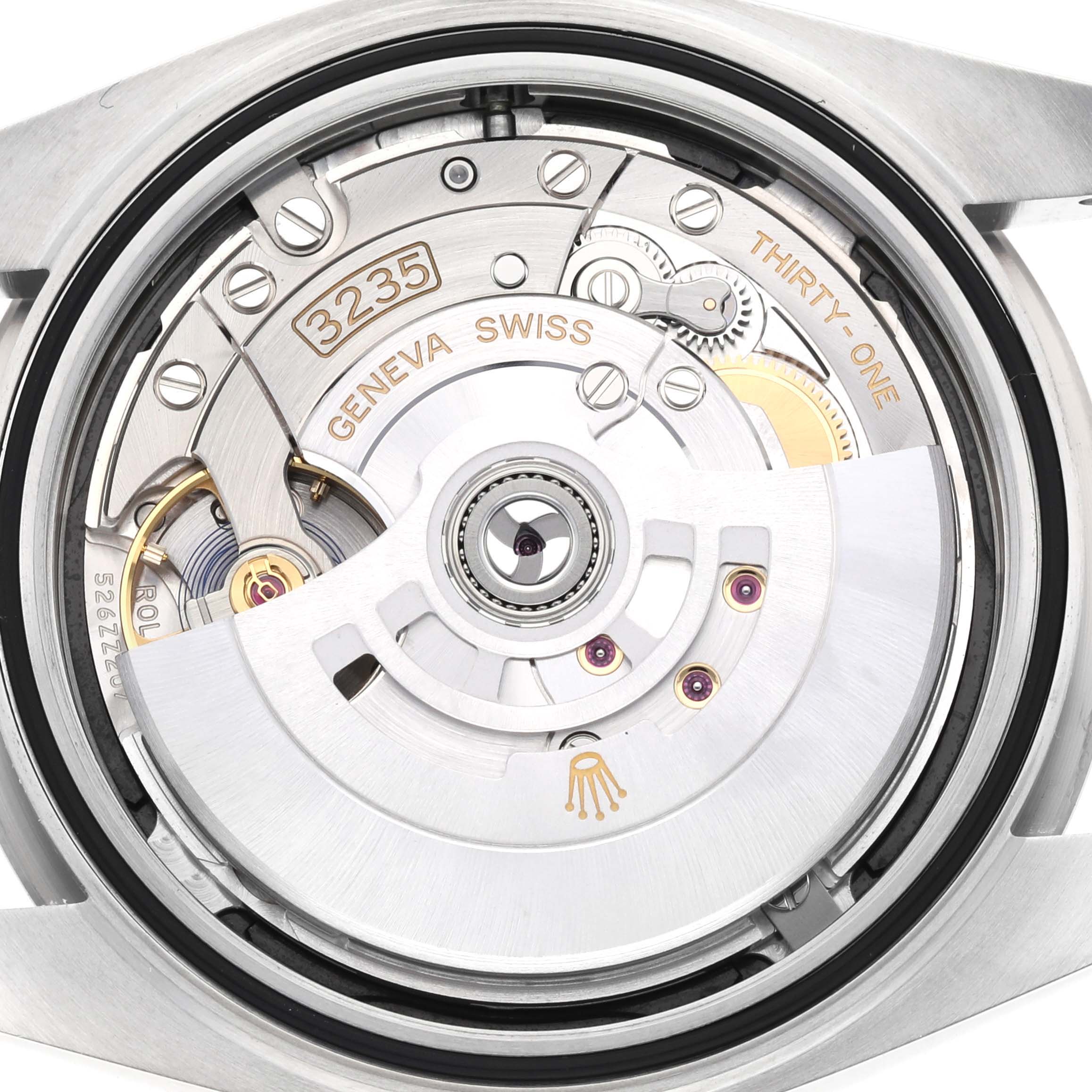 The image shows the back view of the movement mechanism of a Rolex Datejust 41 126334 Men's Stainless Steel Black Dial 126334 Men's Stainless Steel Black Dial watch, highlighting the intricate internal components.