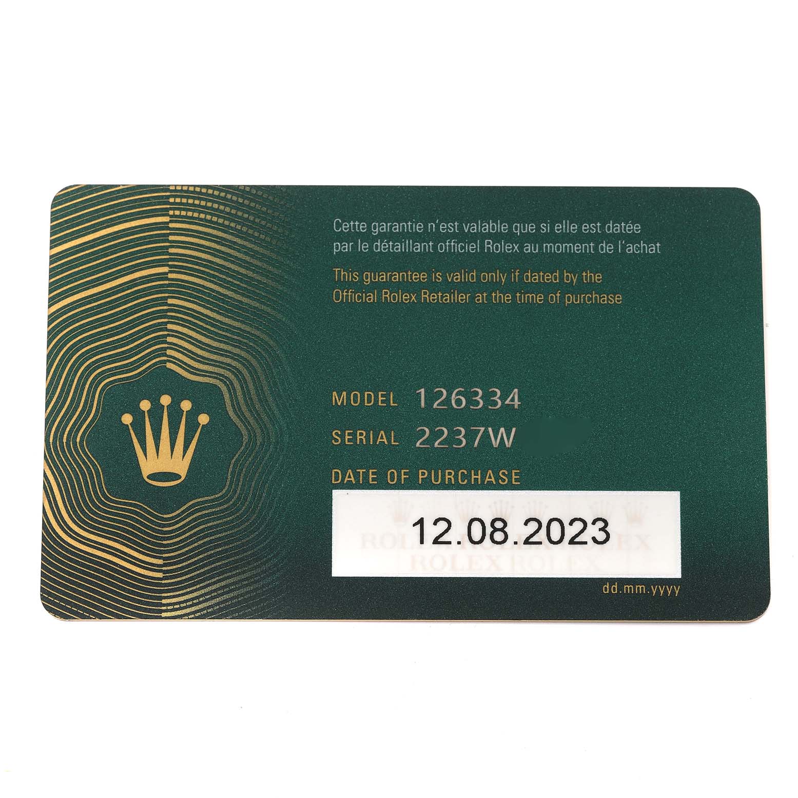 This image shows the warranty card for the Rolex Datejust 41 126334 Men's Stainless Steel Black Dial 126334 Men's Stainless Steel Black Dial model 126334 with serial number 2237W, dated 12.08.2023.