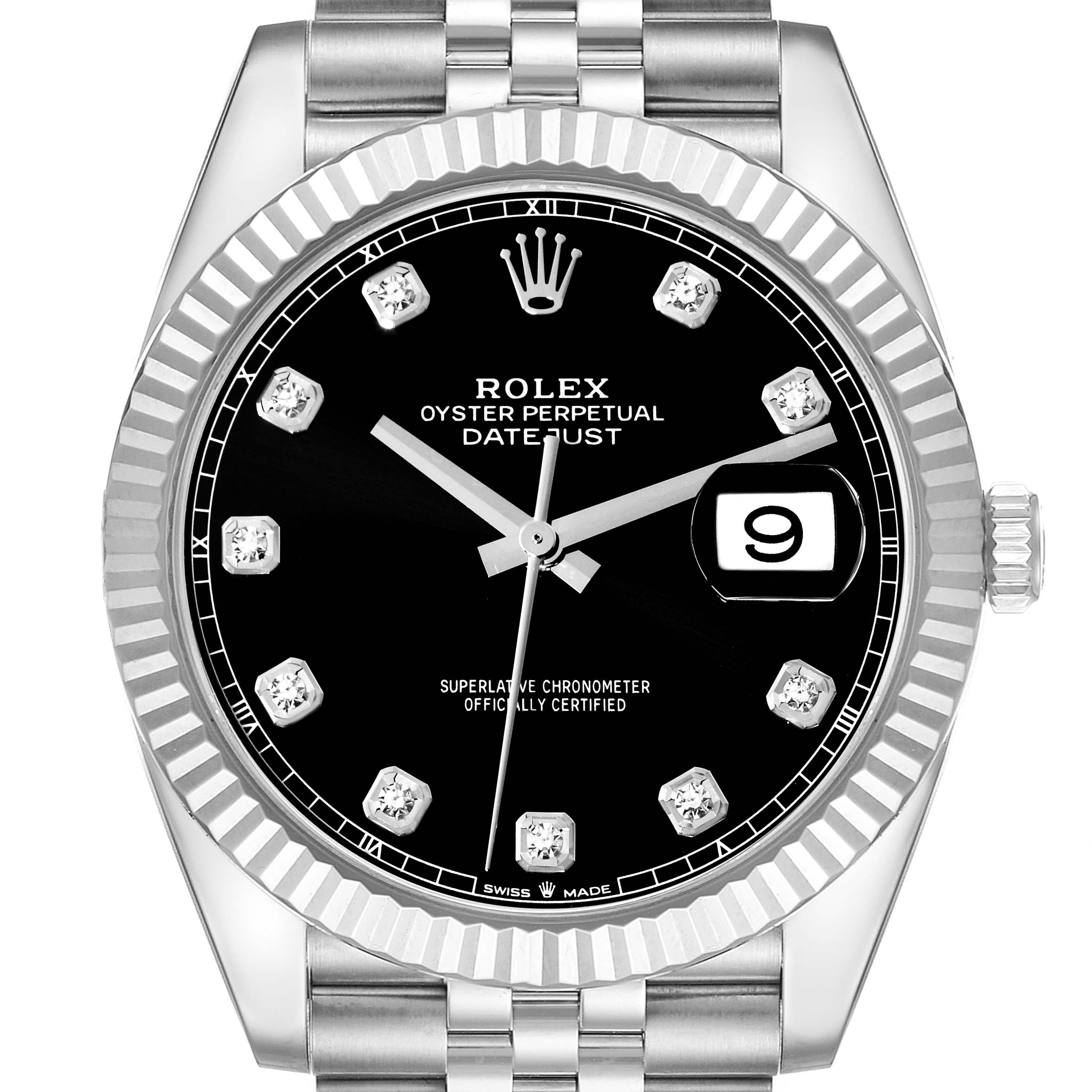 This image shows a front view of the Rolex Datejust 41 126334 Men's Stainless Steel Black Dial 126334 Men's Stainless Steel Black Dial watch, highlighting its black dial, date display, and diamond hour markers.