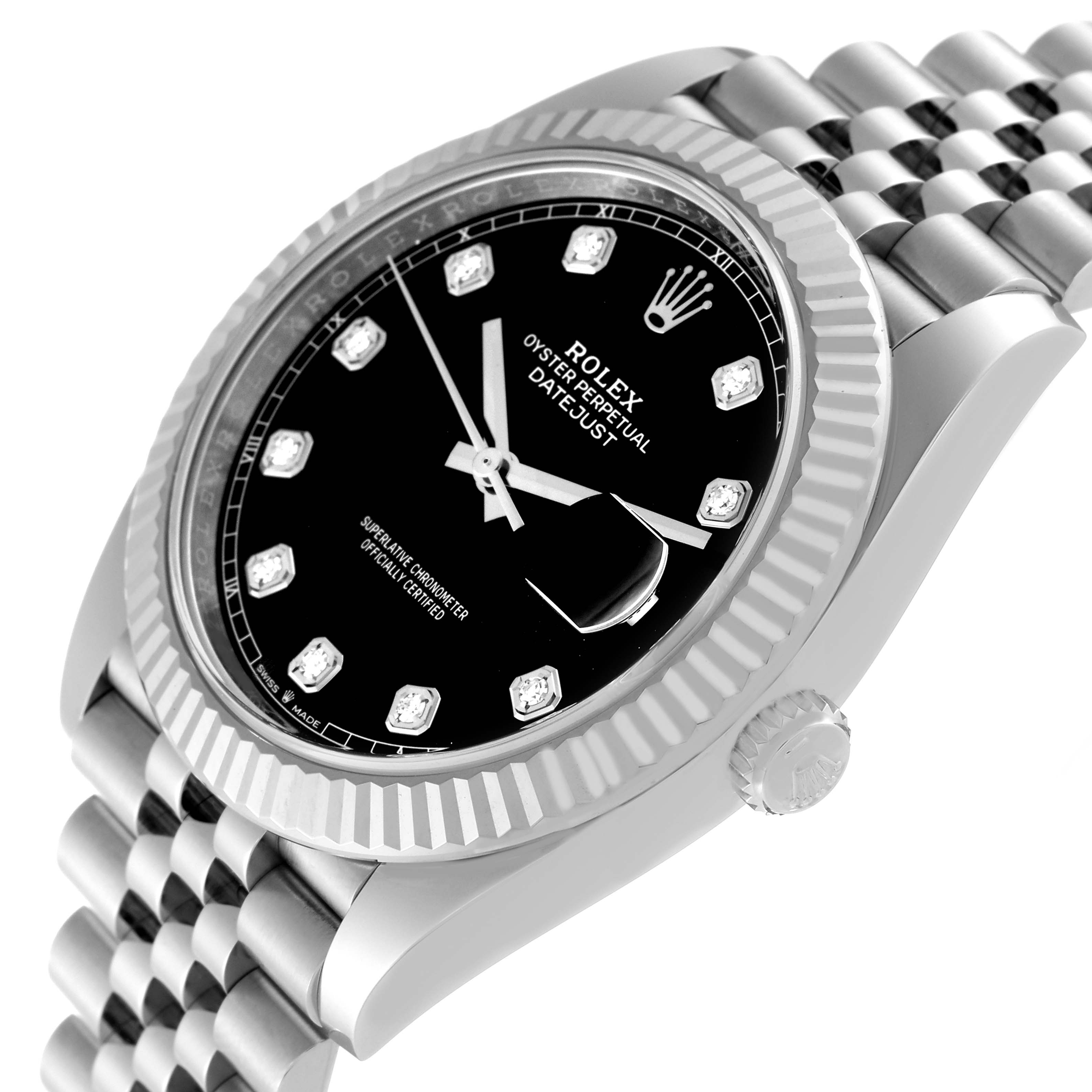 The image shows a Rolex Datejust 41 126334 Men's Stainless Steel Black Dial 126334 Men's Stainless Steel Black Dial watch at a three-quarter angle highlighting the dial, bezel, crown, and part of the bracelet.