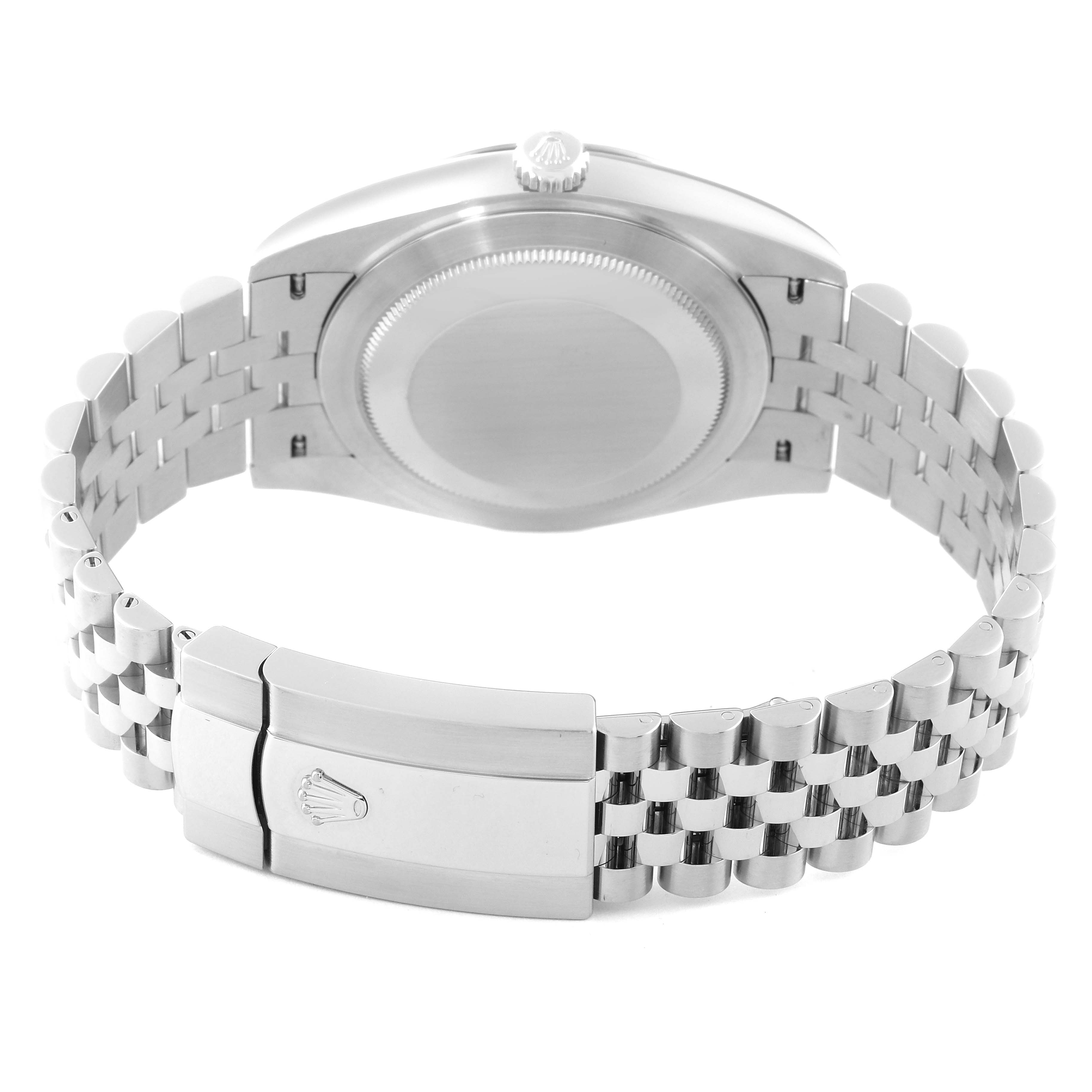 This image shows the rear view of a Rolex Datejust 41 126334 Men's Stainless Steel Black Dial 126334 Men's Stainless Steel Black Dial, focusing on the case back and jubilee bracelet with the clasp open.