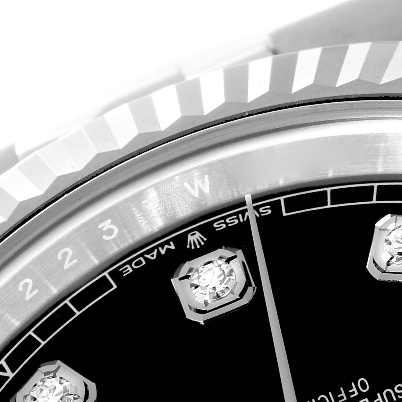 This image shows a close-up of the dial, fluted bezel, and hour markers of the Rolex Datejust 41 126334 Men's Stainless Steel Black Dial 126334 Men's Stainless Steel Black Dial watch.