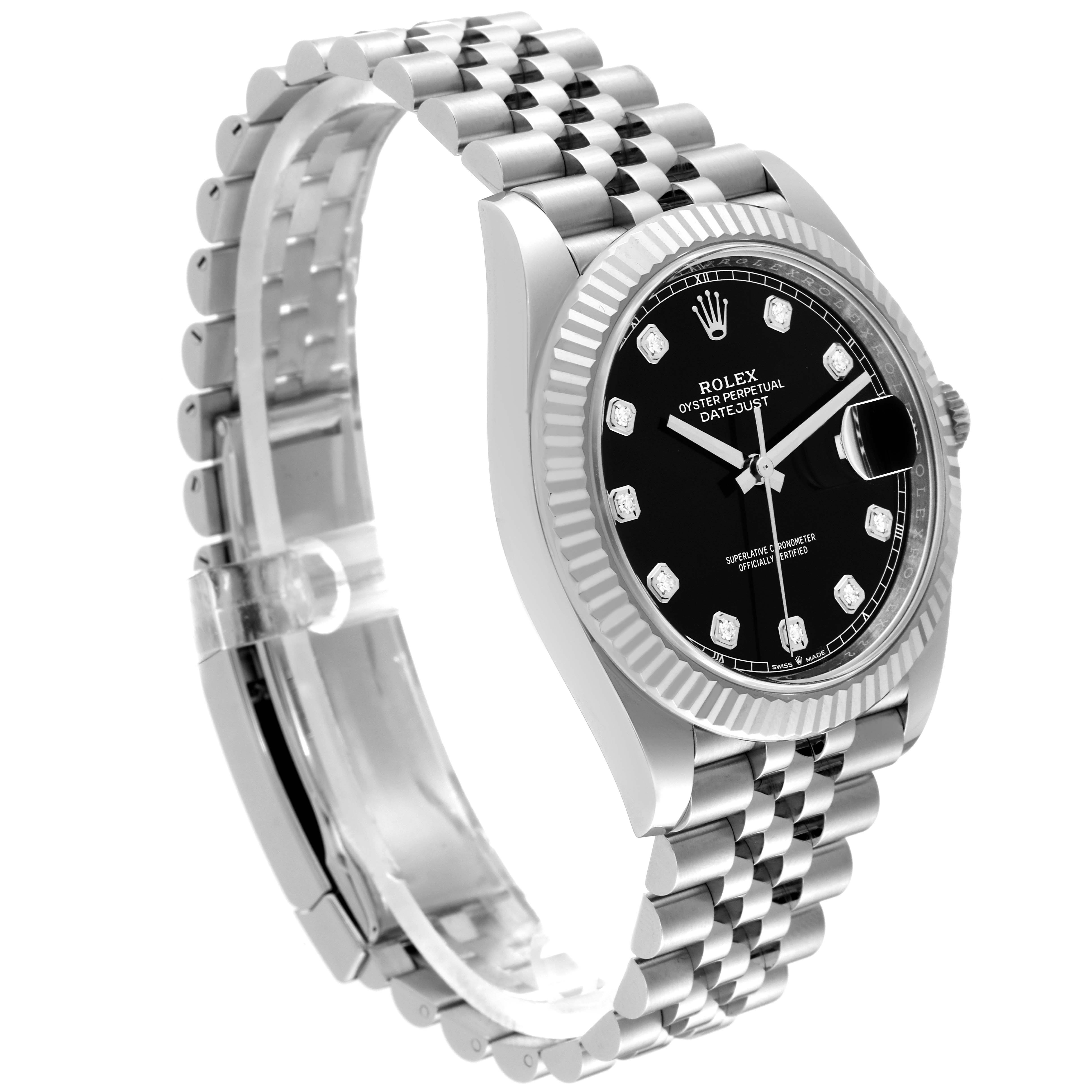 The image shows a Rolex Datejust 41 126334 Men's Stainless Steel Black Dial 126334 Men's Stainless Steel Black Dial watch at an angled view, highlighting its black dial, fluted bezel, and jubilee bracelet.