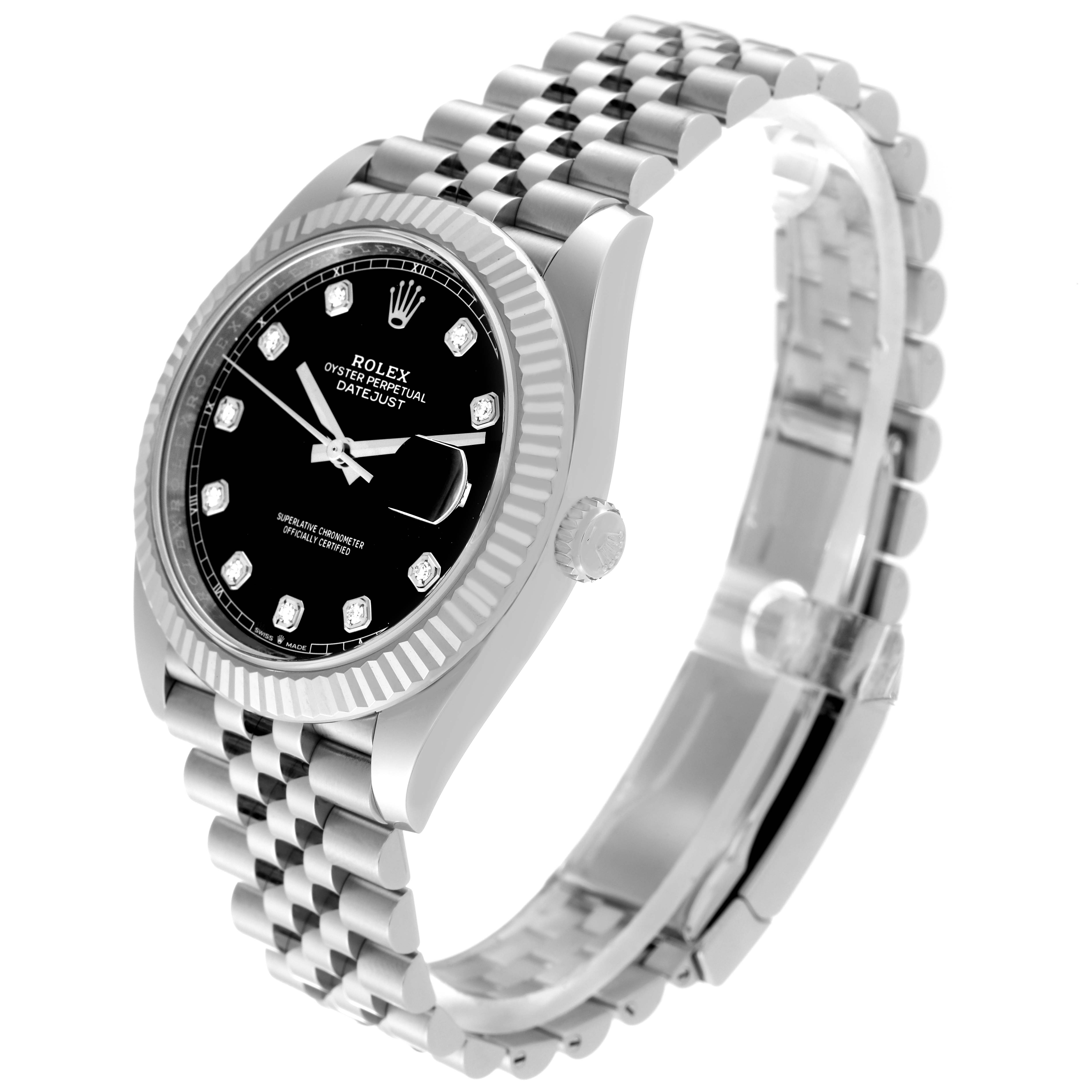 The Rolex Datejust 41 126334 Men's Stainless Steel Black Dial 126334 Men's Stainless Steel Black Dial model is shown from an angled, side view displaying its face, fluted bezel, and Jubilee bracelet.