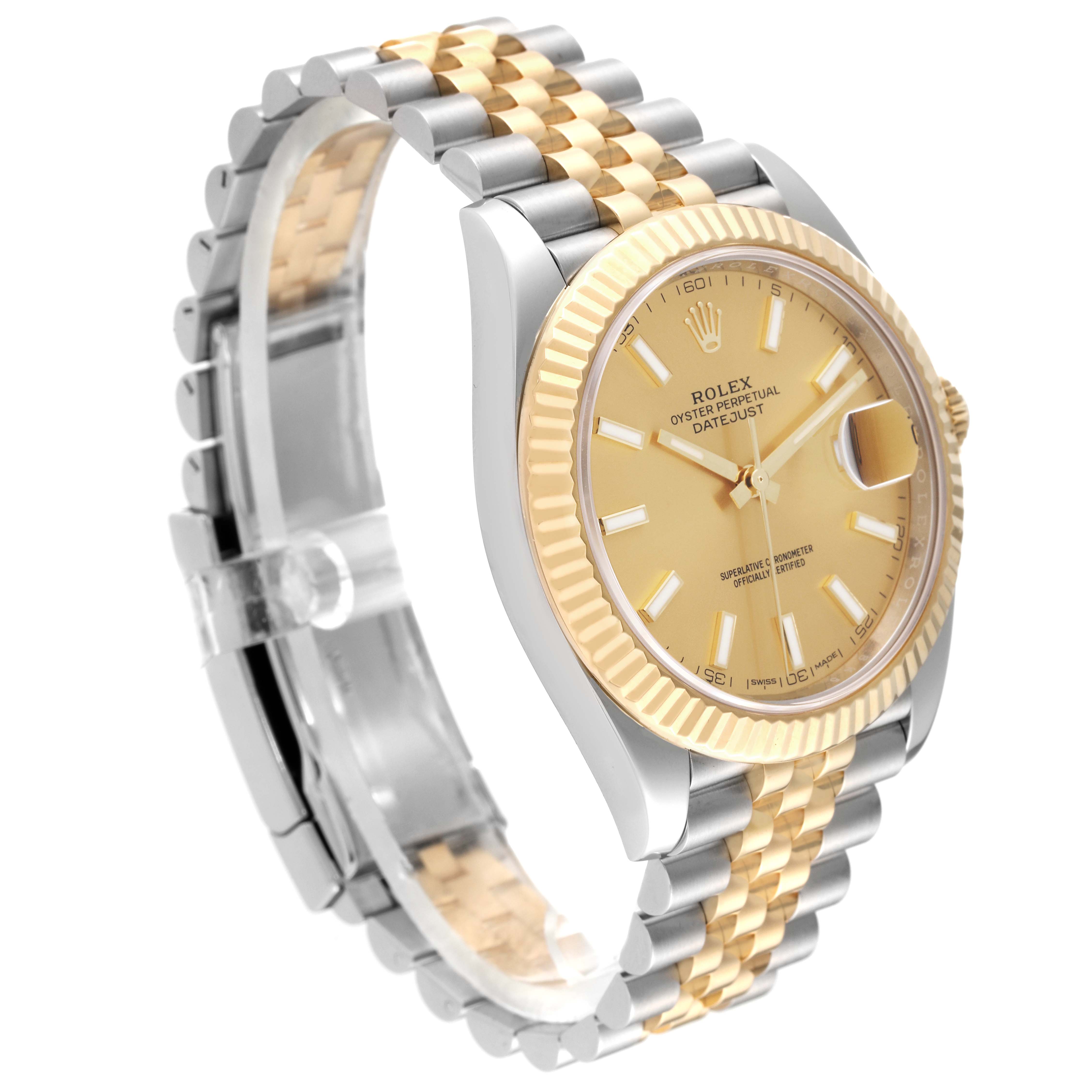 The image shows a side and front angle of the Rolex Datejust 41 126333 Men's Steel and Gold (two tone) Champagne Dial 126333 Men's Steel and Gold (two tone) Champagne Dial, highlighting the dial, case, and two-tone bracelet.
