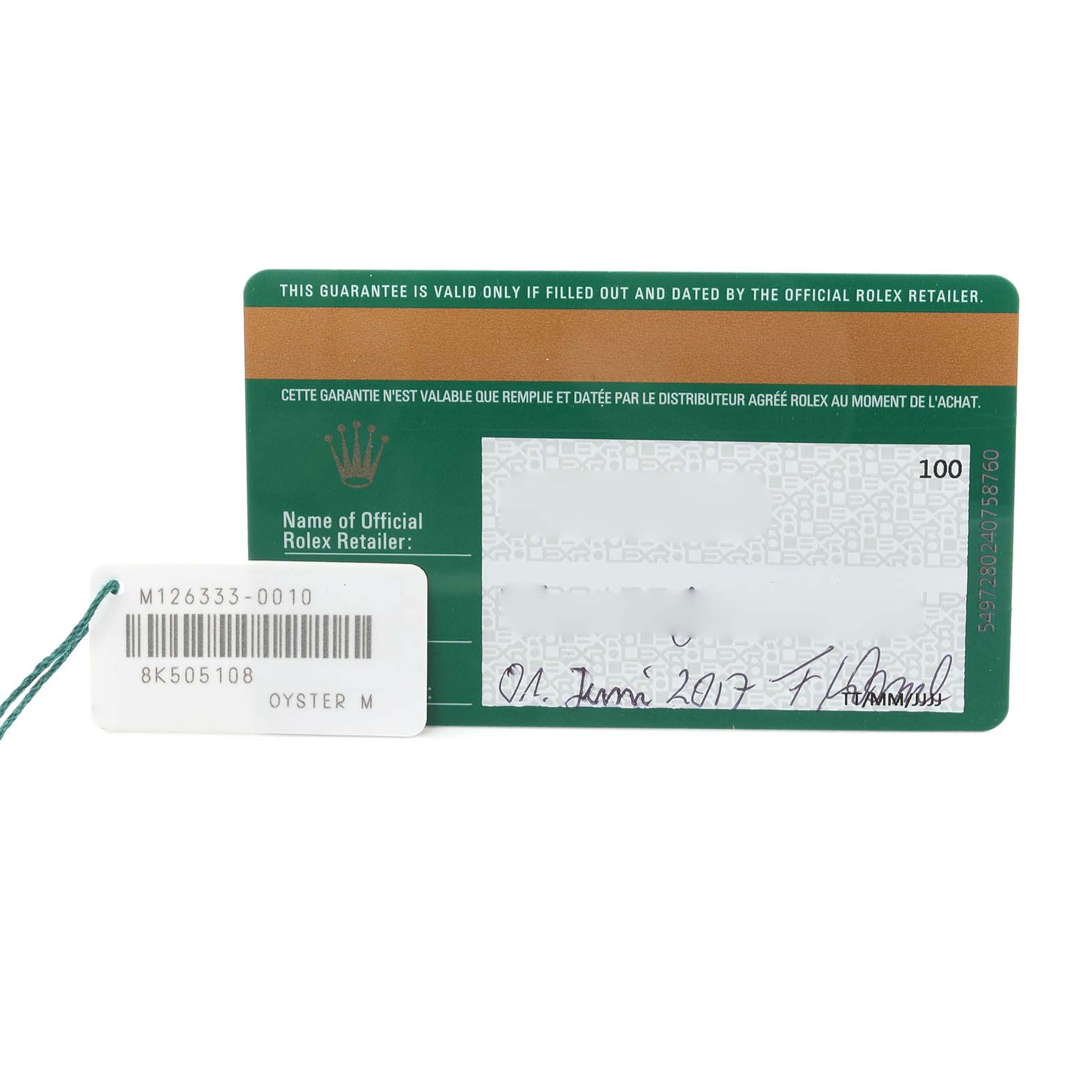 The image shows the warranty card and tag for a Rolex Datejust 41 126333 Men's Steel and Gold (two tone) Champagne Dial 126333 Men's Steel and Gold (two tone) Champagne Dial model watch.