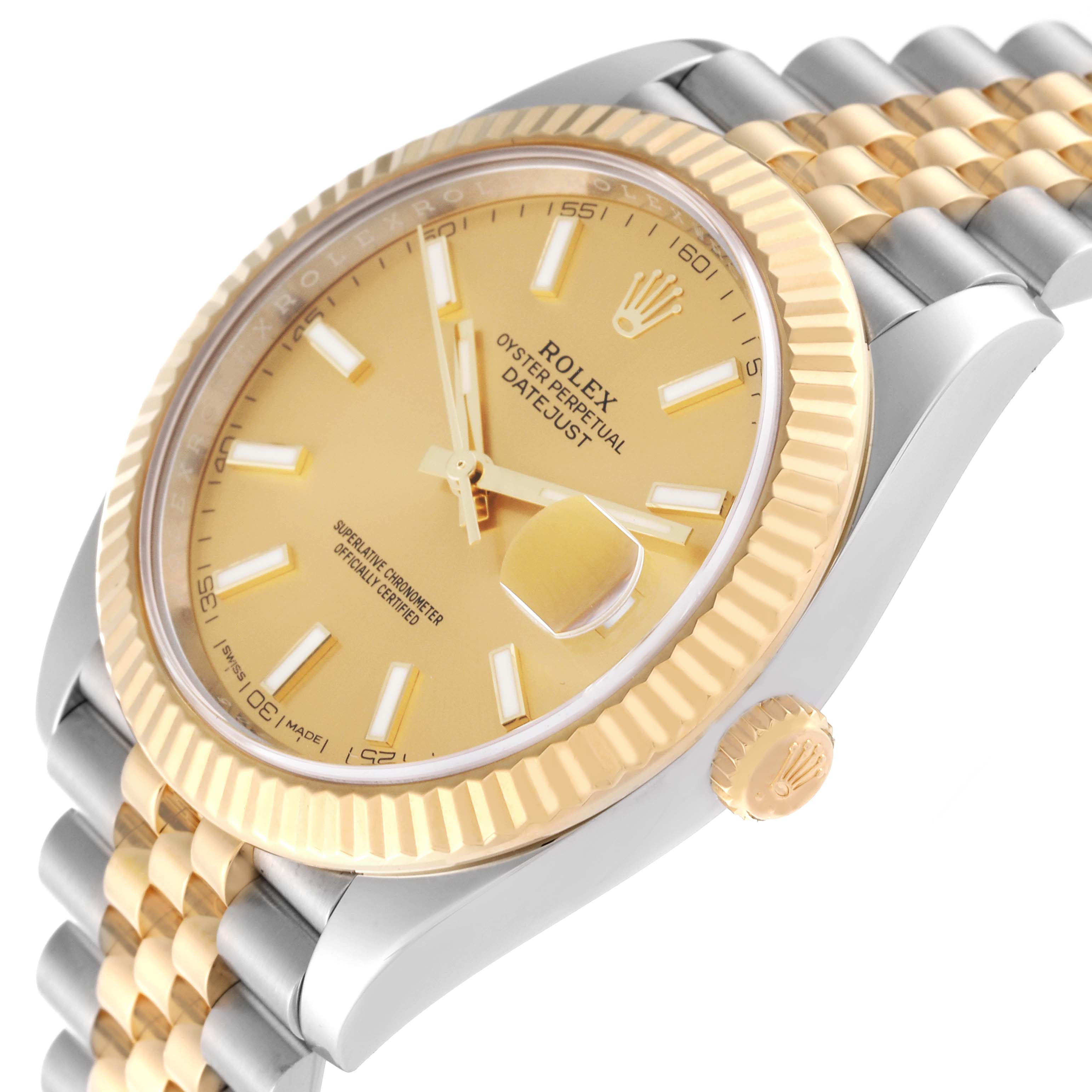 This image shows a Rolex Datejust 41 126333 Men's Steel and Gold (two tone) Champagne Dial 126333 Men's Steel and Gold (two tone) Champagne Dial watch from a side angle, highlighting the dial, bezel, and partial bracelet.