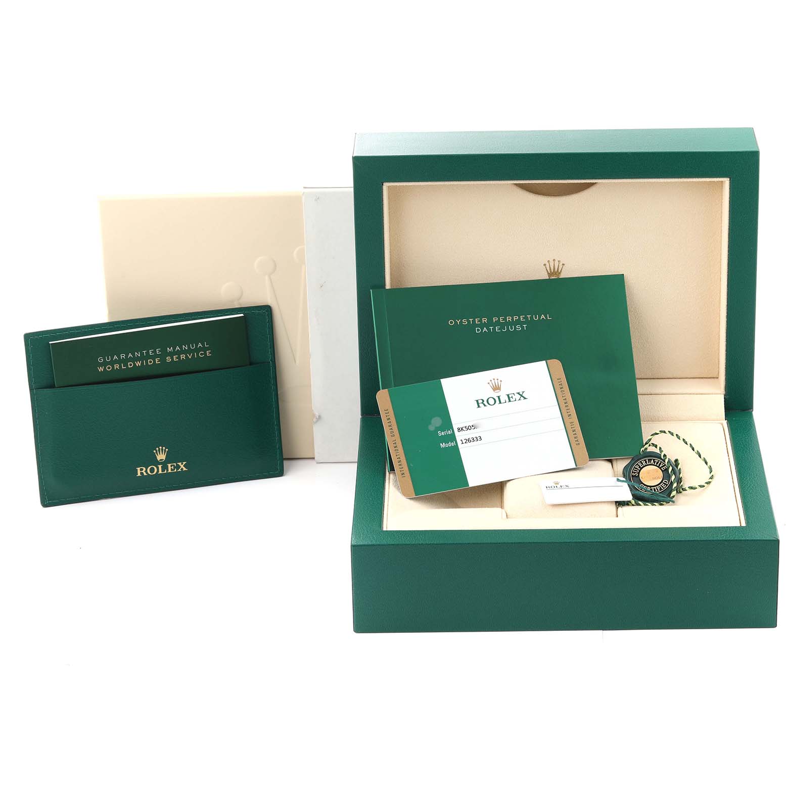 The image shows the packaging, guarantee manual, and documentation for a Rolex Datejust 41 126333 Men's Steel and Gold (two tone) Champagne Dial 126333 Men's Steel and Gold (two tone) Champagne Dial watch.