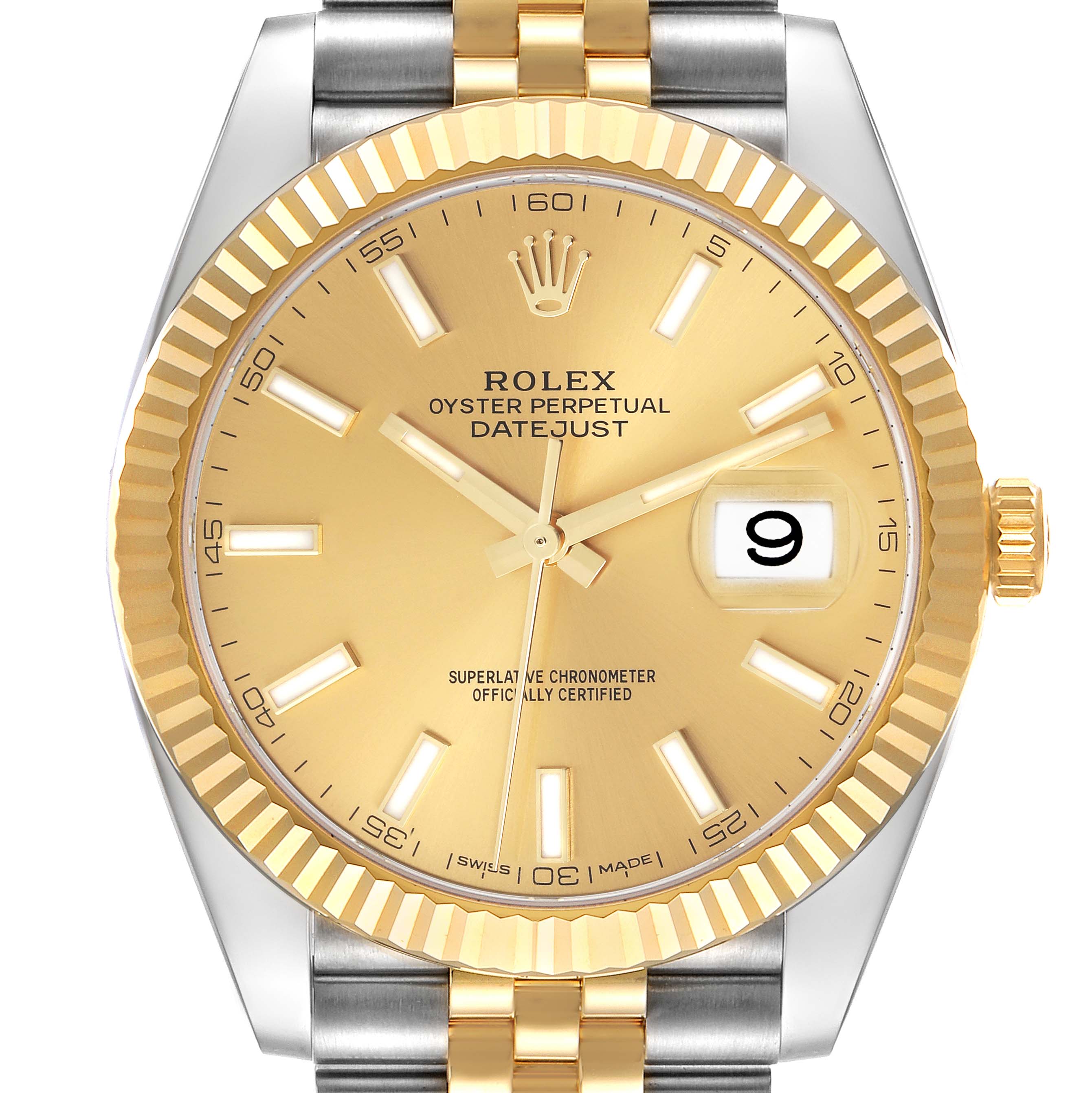 The image shows a front view of the Rolex Datejust 41 126333 Men's Steel and Gold (two tone) Champagne Dial 126333 Men's Steel and Gold (two tone) Champagne Dial watch, highlighting the face, bezel, and a portion of the bracelet.