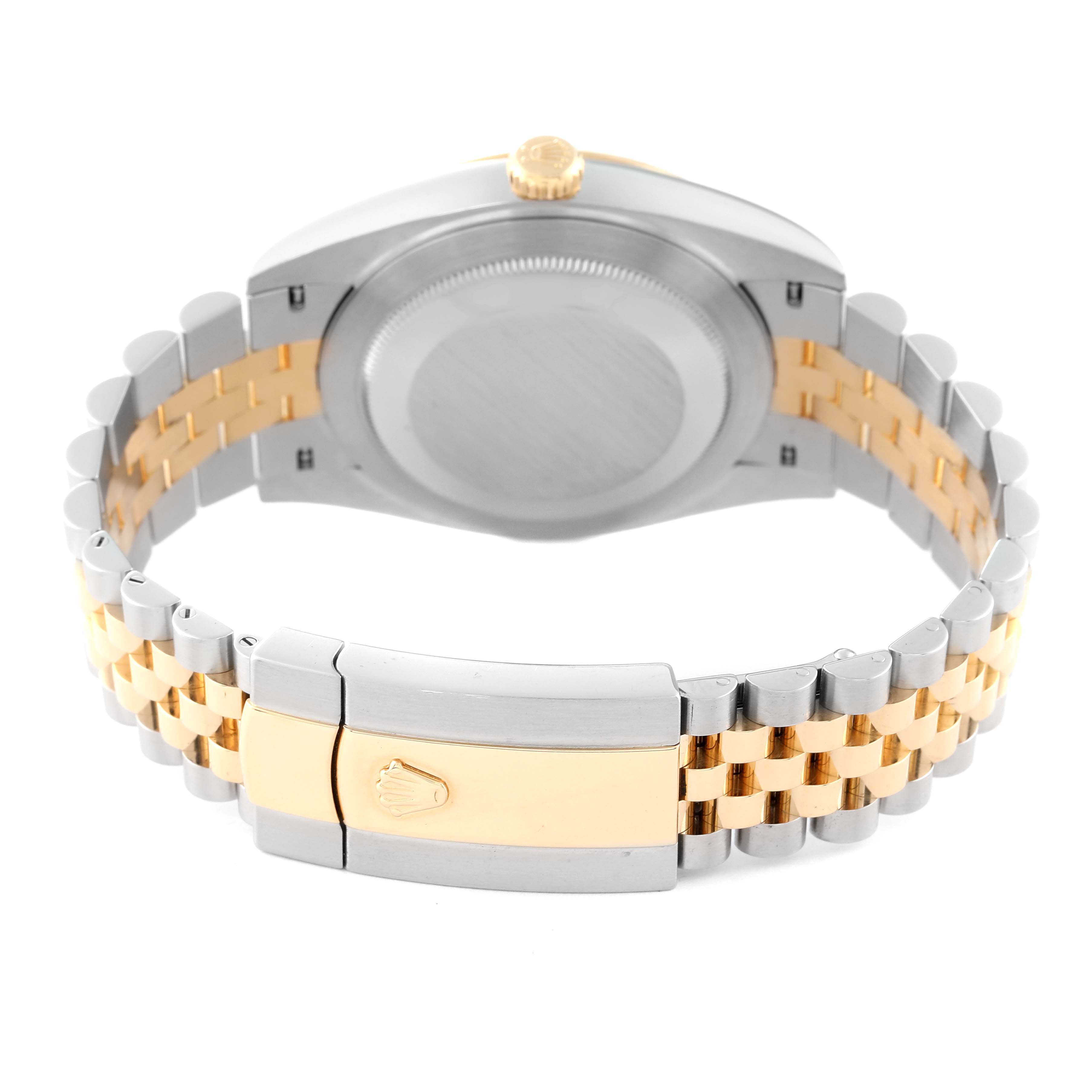 This image shows the back view of a Rolex Datejust 41 126333 Men's Steel and Gold (two tone) Champagne Dial 126333 Men's Steel and Gold (two tone) Champagne Dial with its two-tone Jubilee bracelet and clasp.