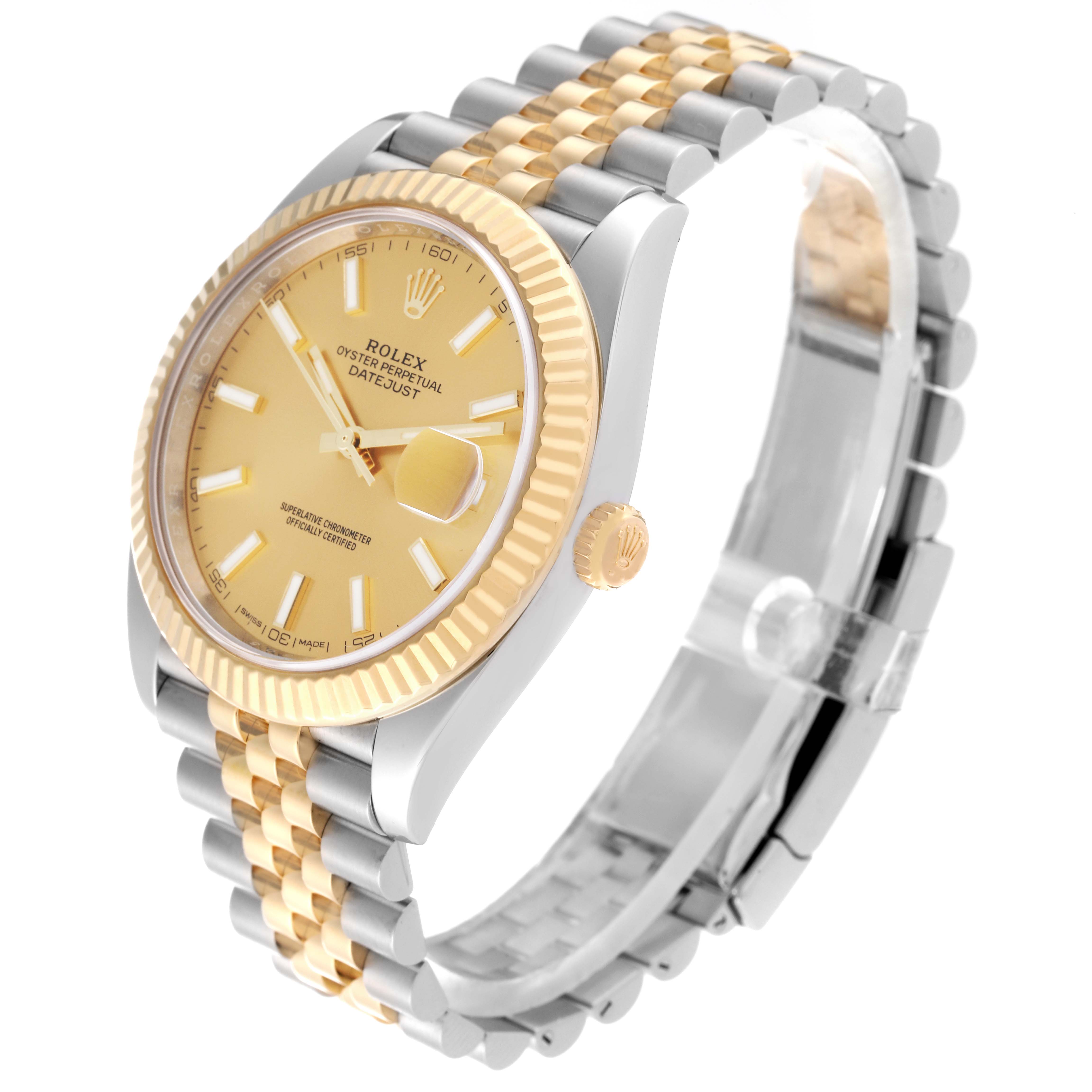 This image shows a side angle of the Rolex Datejust 41 126333 Men's Steel and Gold (two tone) Champagne Dial 126333 Men's Steel and Gold (two tone) Champagne Dial watch, highlighting its gold and silver bracelet and face.