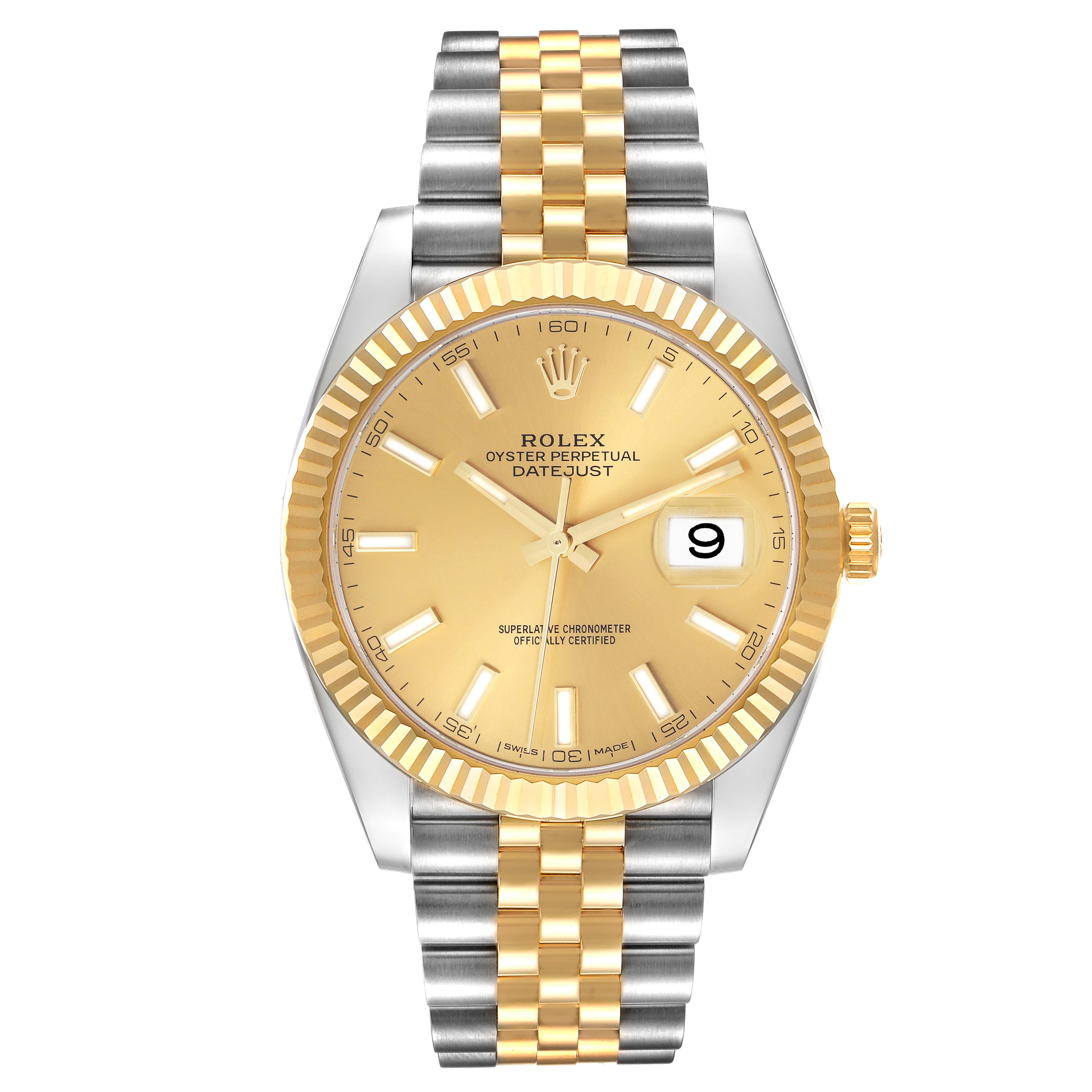 The Rolex Datejust 41 126333 Men's Steel and Gold (two tone) Champagne Dial 126333 Men's Steel and Gold (two tone) Champagne Dial watch is shown from a front angle, highlighting its gold and silver bracelet and champagne dial.