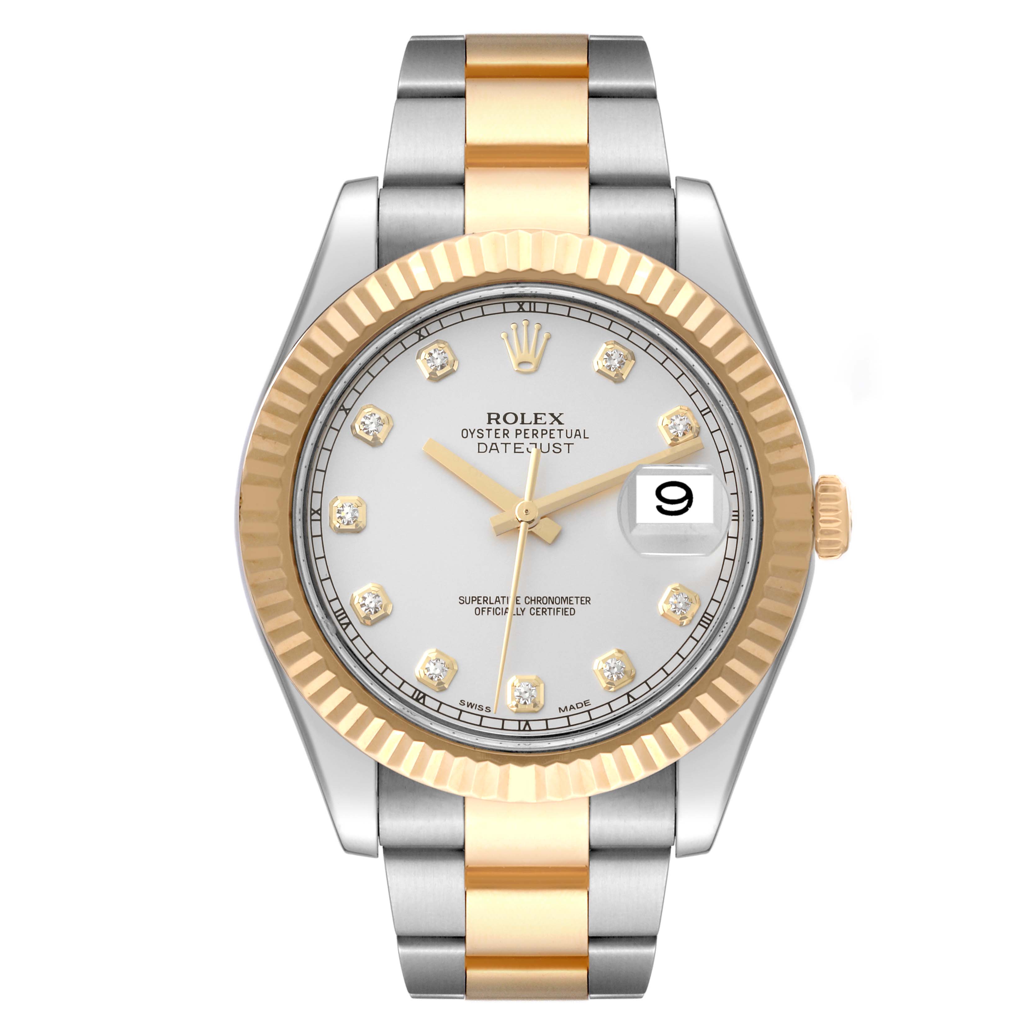 This image shows a frontal view of a Rolex Datejust 41 116333 Men's Steel and Gold (two tone) Silver Dial 116333 Men's Steel and Gold (two tone) Silver Dial watch, featuring a two-tone bracelet and a fluted bezel.