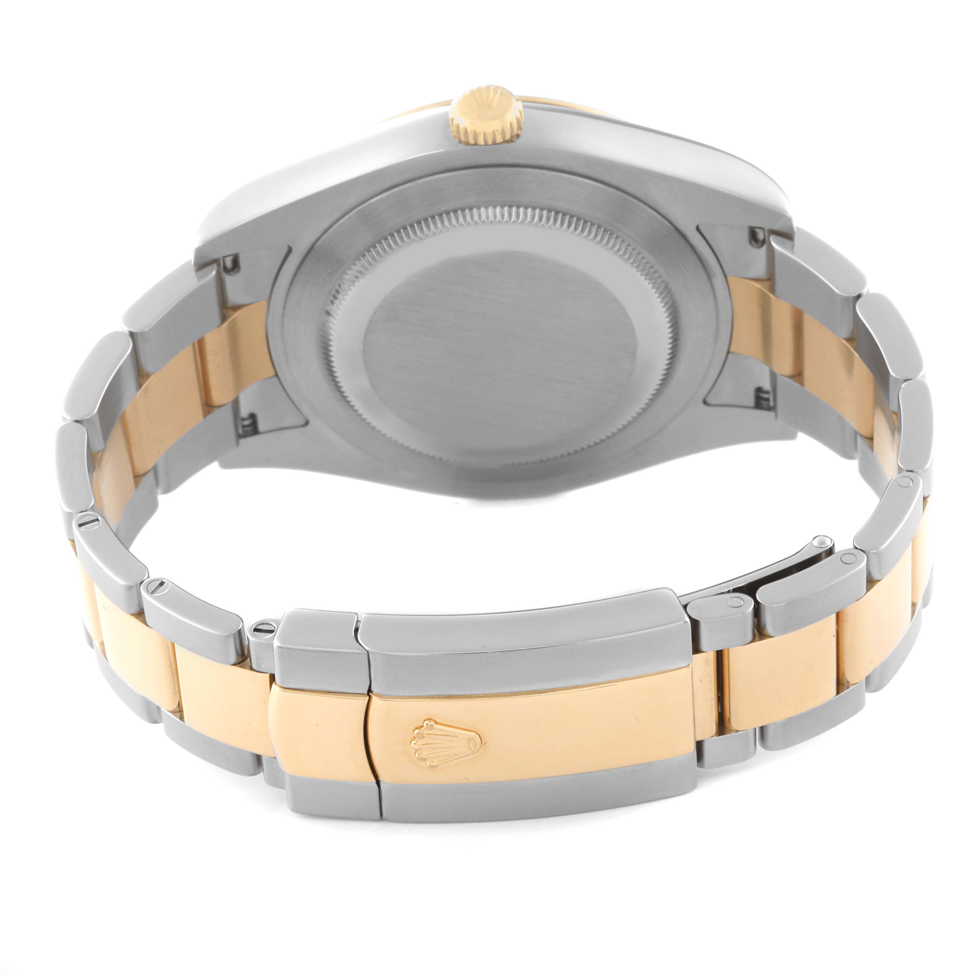 The image shows the back view of a Rolex Datejust 41 116333 Men's Steel and Gold (two tone) Silver Dial 116333 Men's Steel and Gold (two tone) Silver Dial, highlighting its case back and two-tone bracelet with clasp.