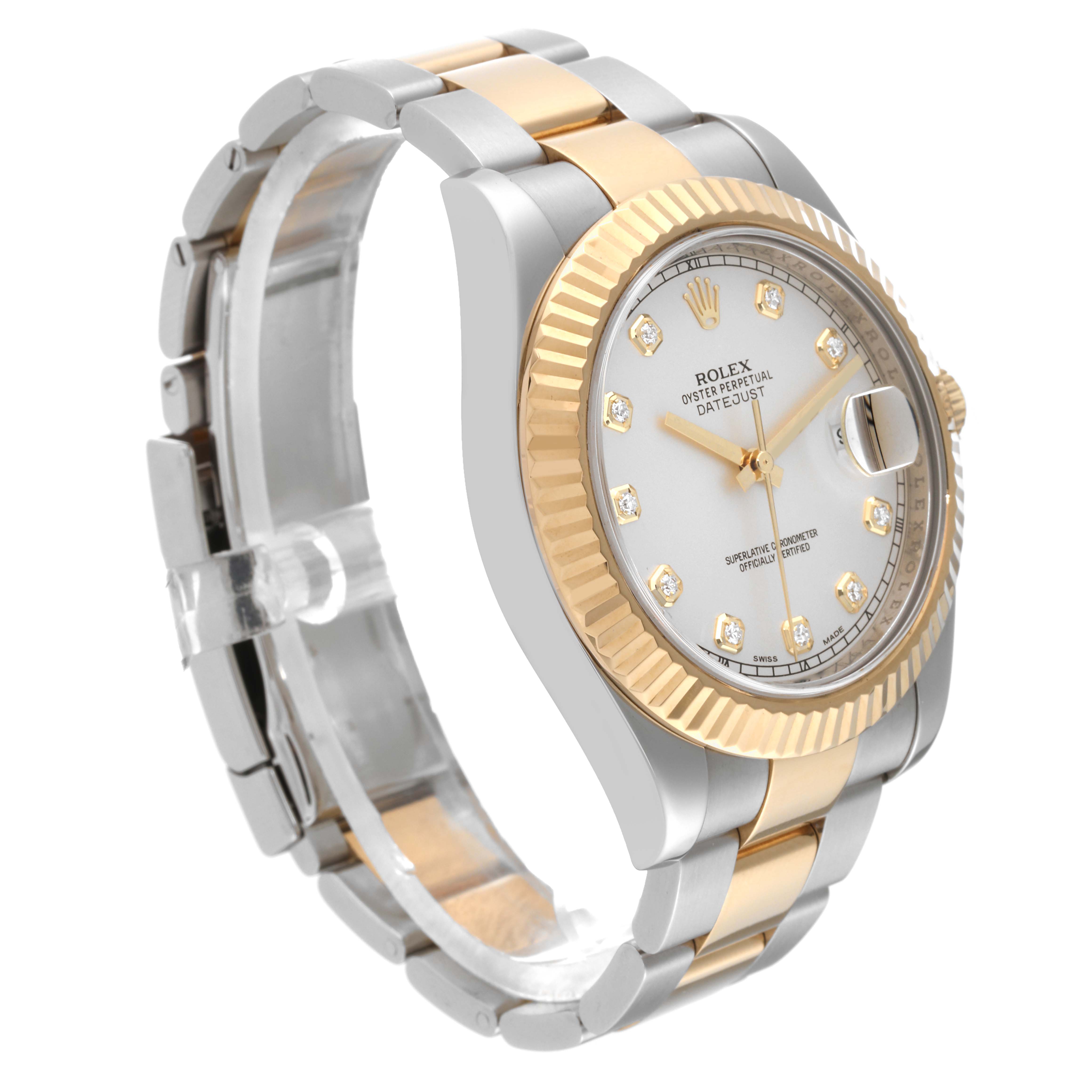 The image shows a side and angled view of the Rolex Datejust 41 116333 Men's Steel and Gold (two tone) Silver Dial 116333 Men's Steel and Gold (two tone) Silver Dial, highlighting its two-tone bracelet, fluted bezel, and diamond hour markers.