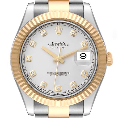 The image shows a Rolex Datejust 41 watch from a top-down angle, highlighting its face, fluted bezel, and crown.