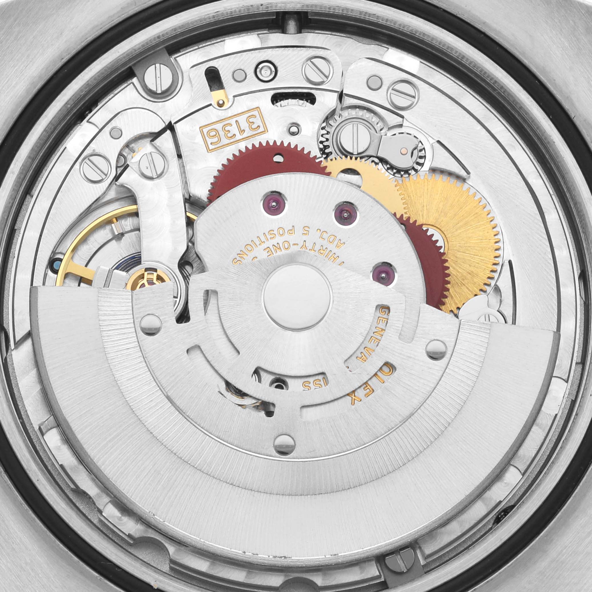 The image shows an up-close view of the movement and internal components of a Rolex Datejust 41 116333 Men's Steel and Gold (two tone) Silver Dial 116333 Men's Steel and Gold (two tone) Silver Dial watch.