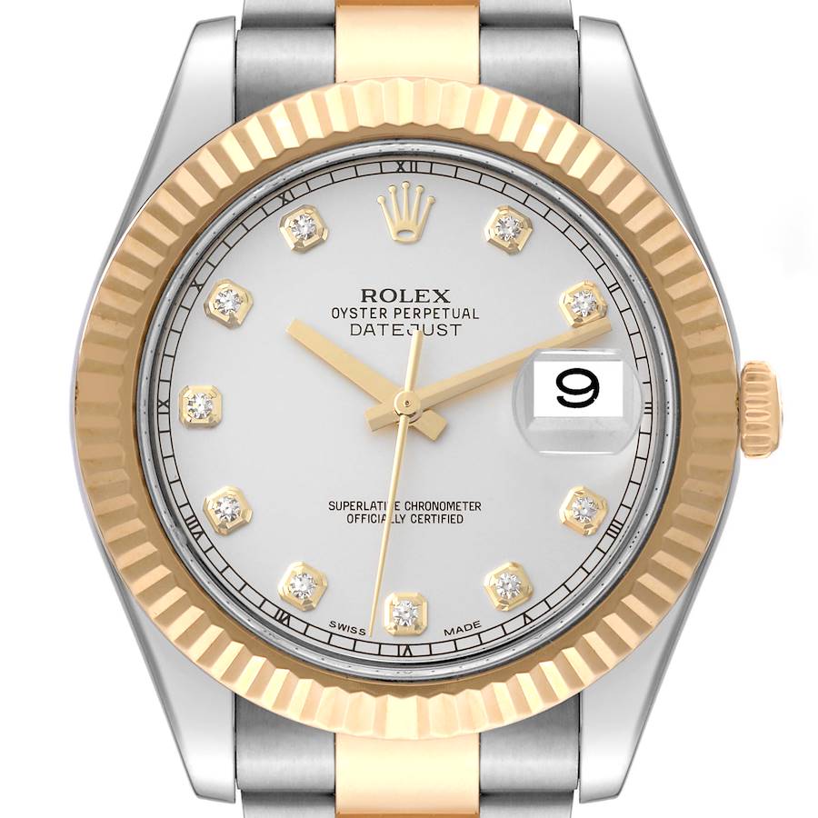 Rolex Datejust II Steel Yellow Gold Silver Diamond Dial Mens Watch 116333 SwissWatchExpo