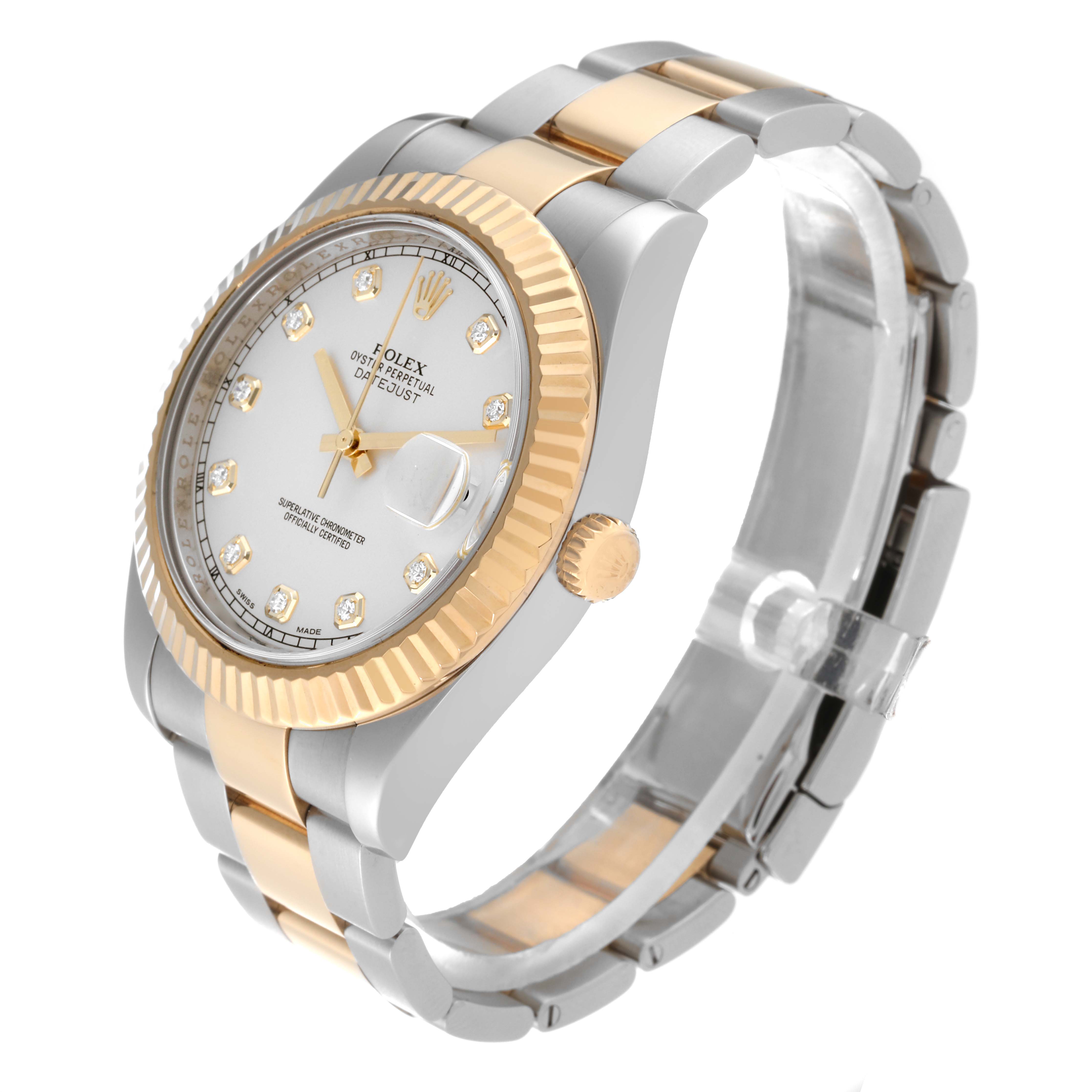 The image shows a Rolex Datejust 41 116333 Men's Steel and Gold (two tone) Silver Dial 116333 Men's Steel and Gold (two tone) Silver Dial watch at a slight side angle, revealing its gold bezel, dial, and two-tone bracelet.