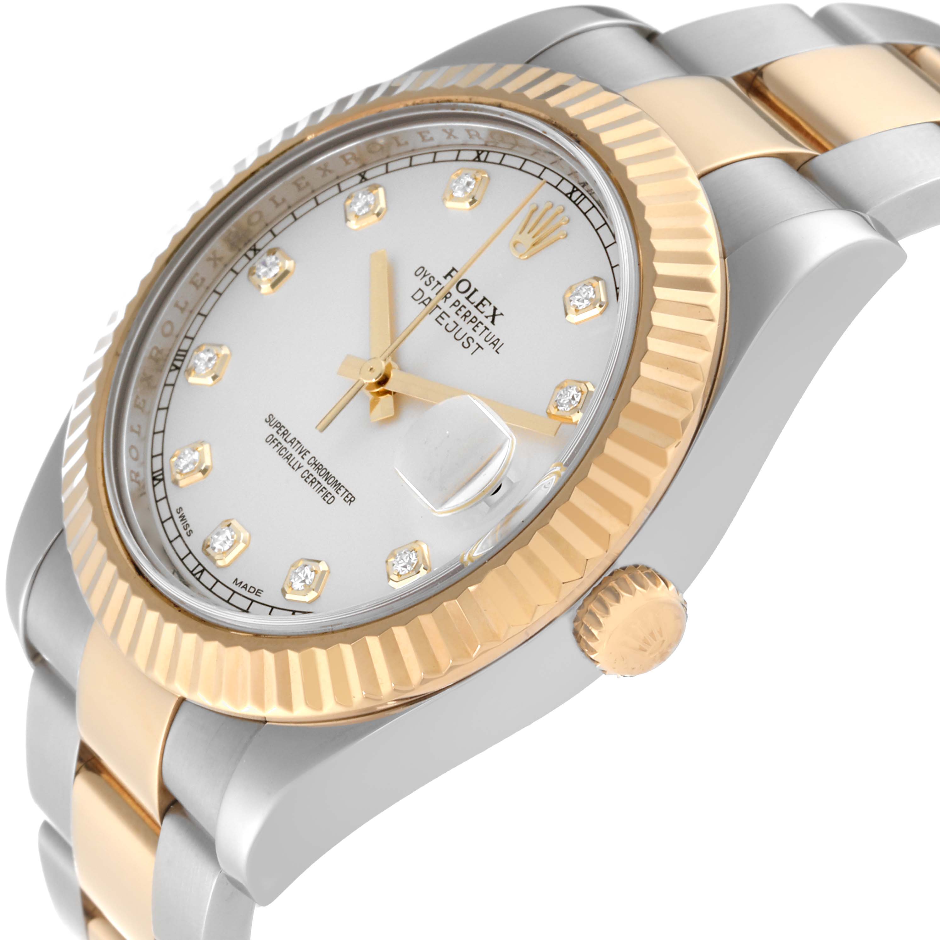 The image shows the Rolex Datejust 41 116333 Men's Steel and Gold (two tone) Silver Dial 116333 Men's Steel and Gold (two tone) Silver Dial model from an angled side view, highlighting its gold bezel, crown, and bracelet.
