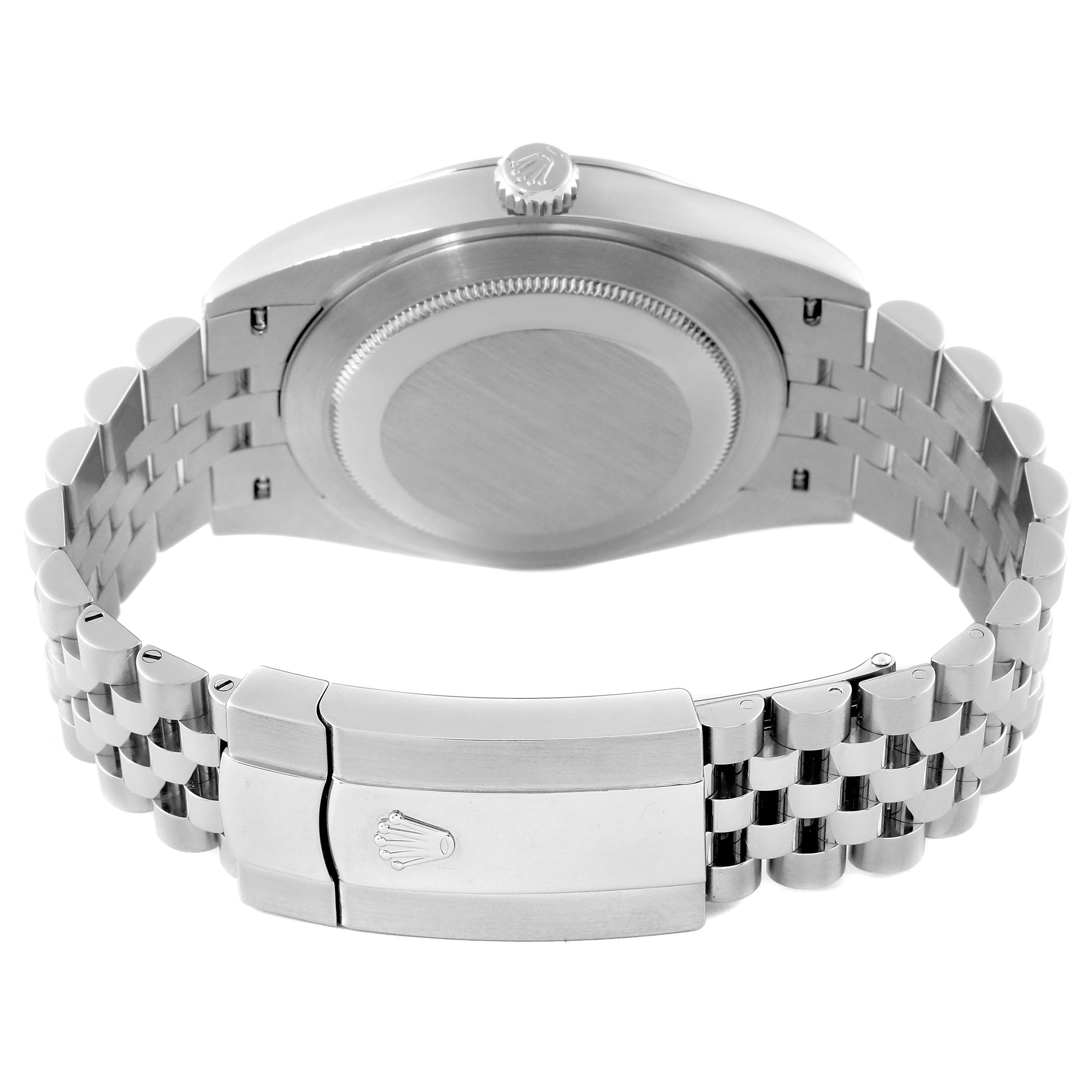 The image shows the back view of the Rolex Datejust 41 126300 Men's Stainless Steel White Dial 126300 Men's Stainless Steel White Dial watch, highlighting the case back, bracelet, and clasp.