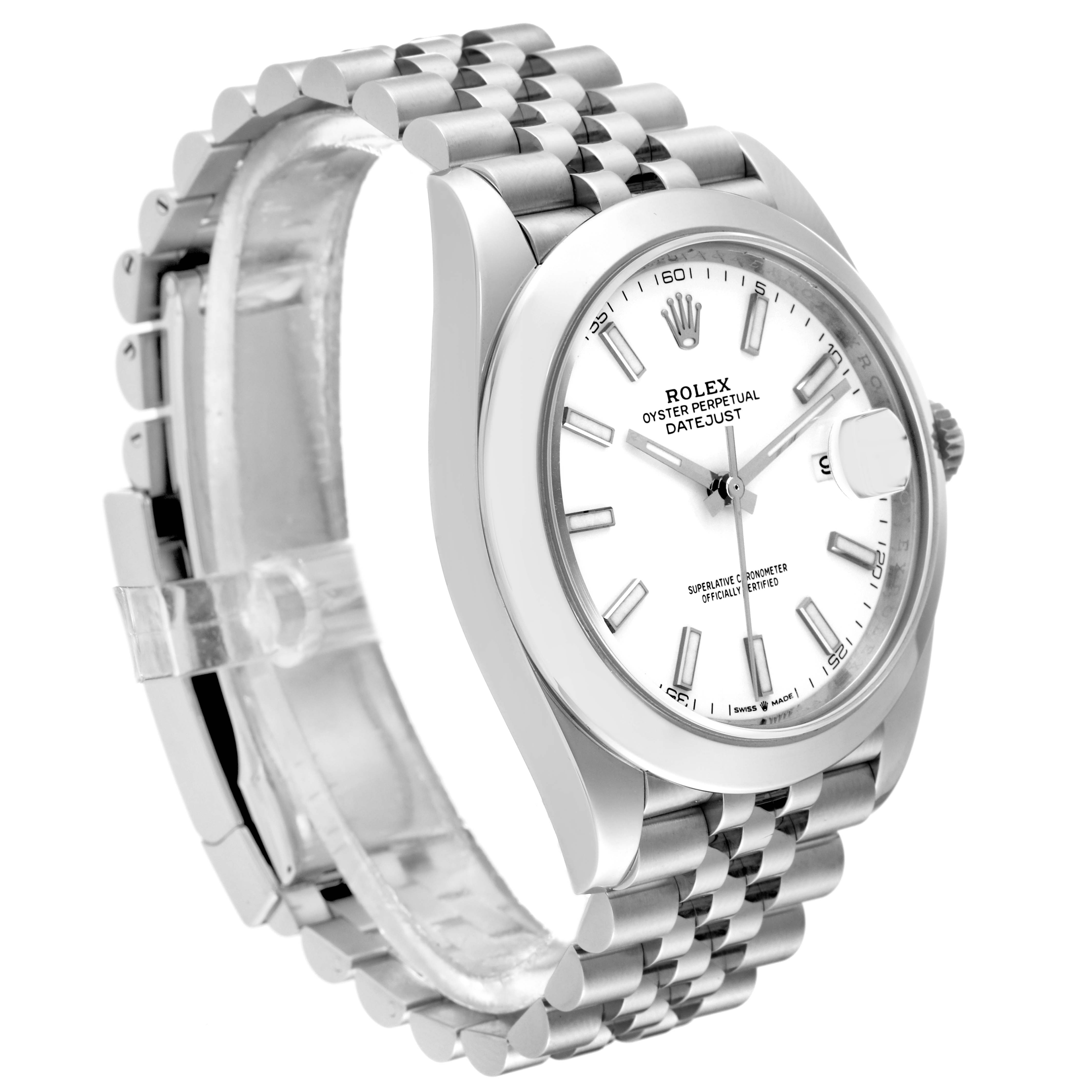The Rolex Datejust 41 126300 Men's Stainless Steel White Dial 126300 Men's Stainless Steel White Dial watch is shown at a three-quarter angle, highlighting its face, bezel, crown, and bracelet.