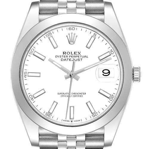 This image shows a frontal view of the Rolex Datejust 41 watch, highlighting the white dial, date window, and stainless steel bracelet.