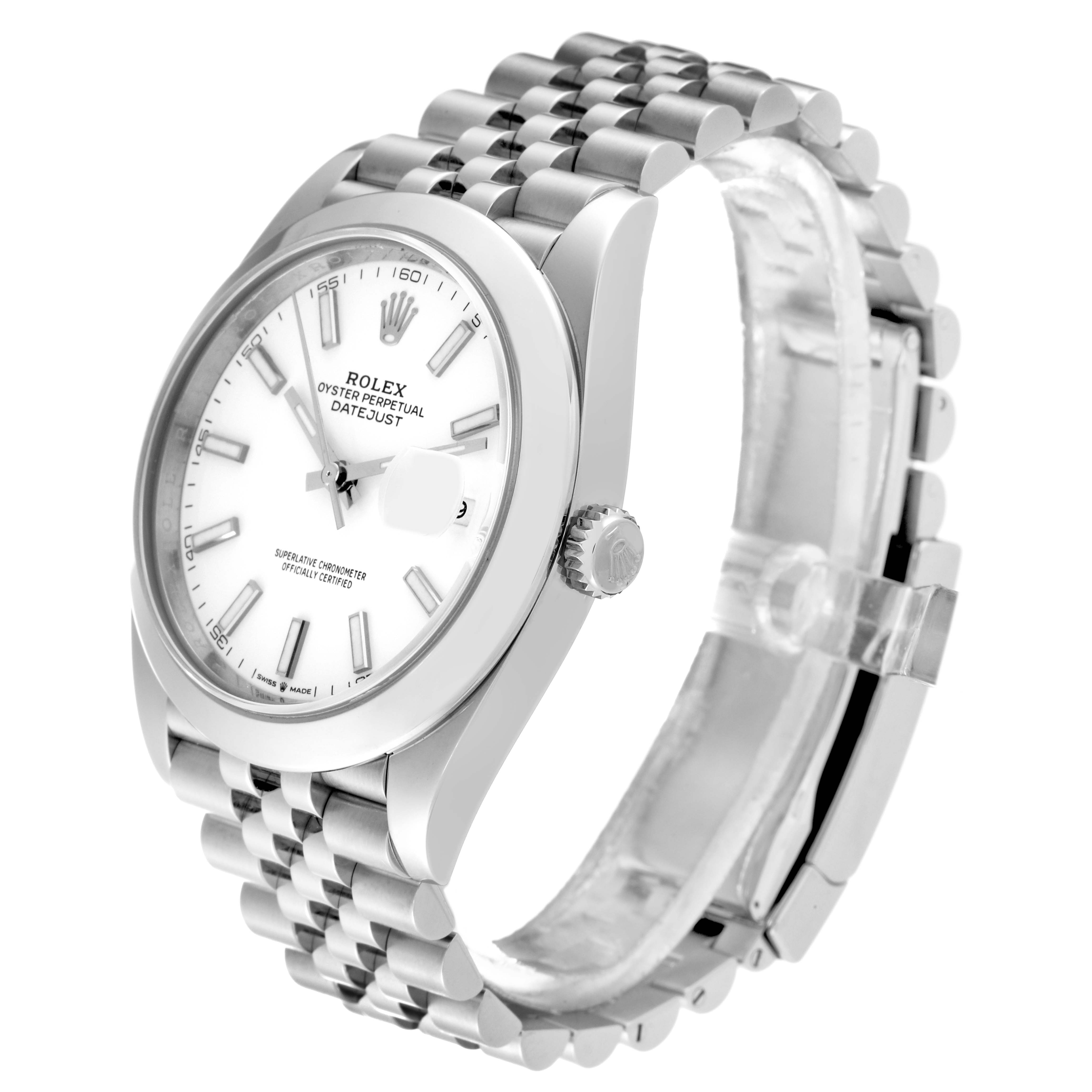 The Rolex Datejust 41 126300 Men's Stainless Steel White Dial 126300 Men's Stainless Steel White Dial watch is shown at an angle displaying the face, dial, crown, and bracelet.