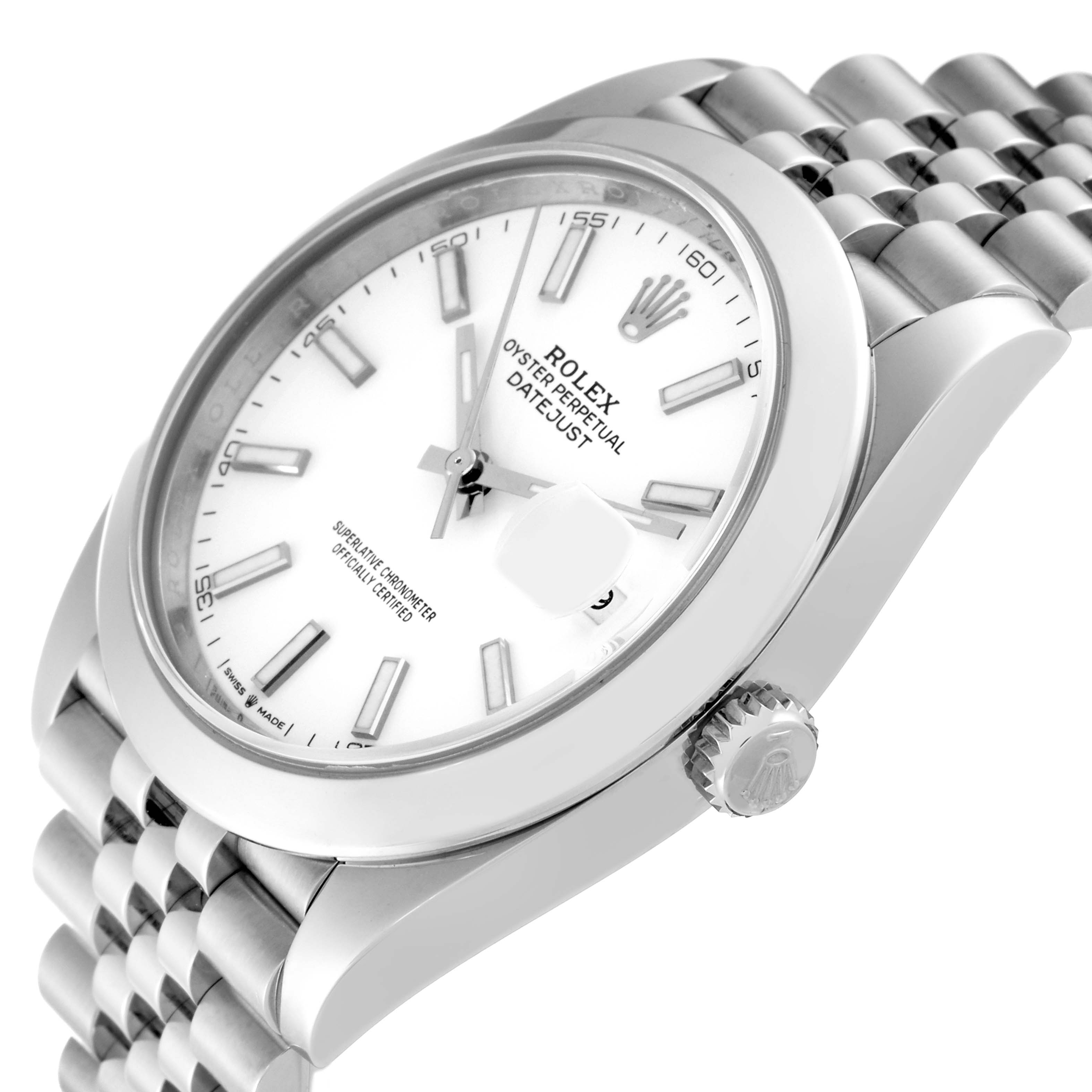 The image shows a side angle of the Rolex Datejust 41 126300 Men's Stainless Steel White Dial 126300 Men's Stainless Steel White Dial, highlighting the face, crown, and part of the bracelet.