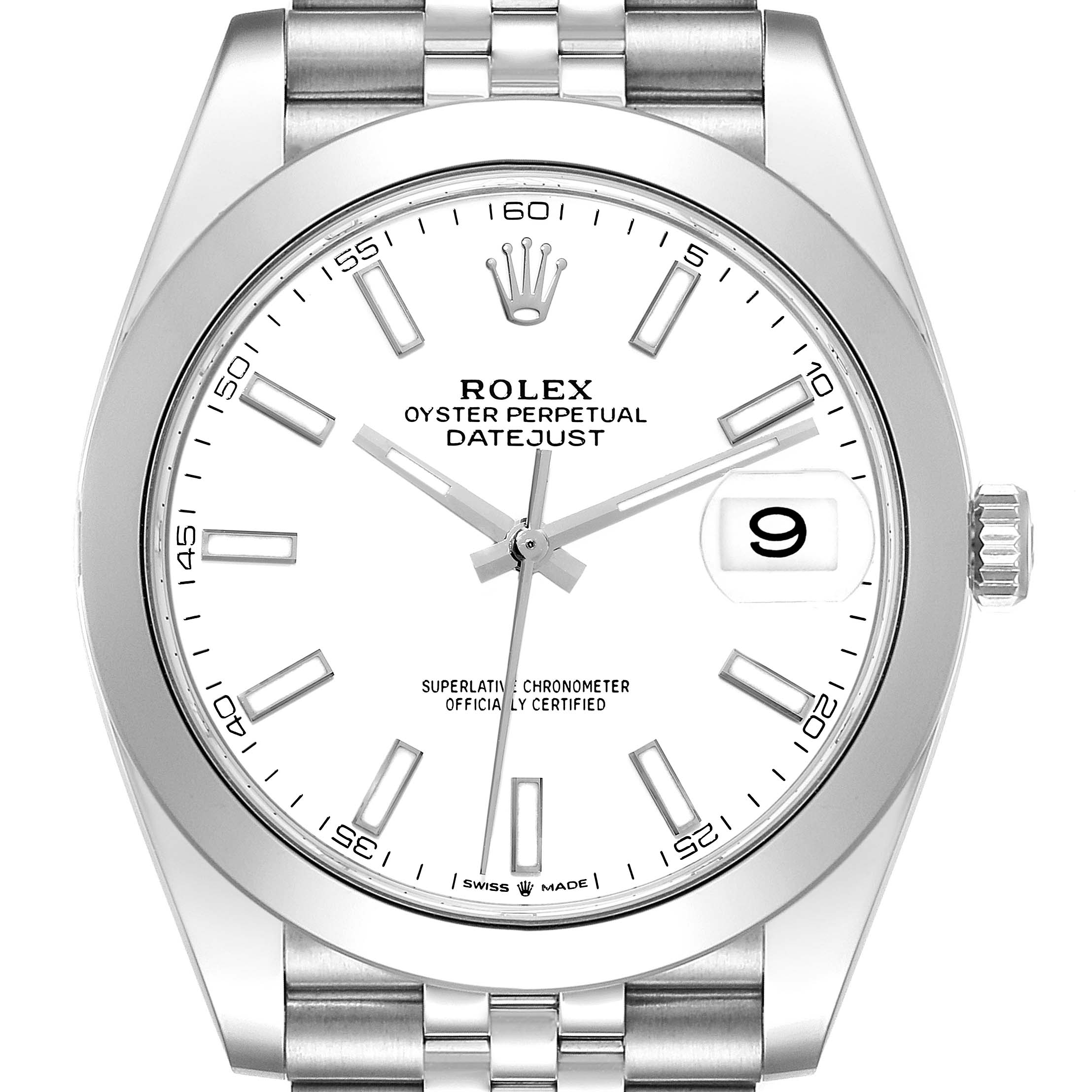 The image shows a front view of the Rolex Datejust 41 126300 Men's Stainless Steel White Dial 126300 Men's Stainless Steel White Dial model, highlighting the watch face, bezel, crown, and bracelet.