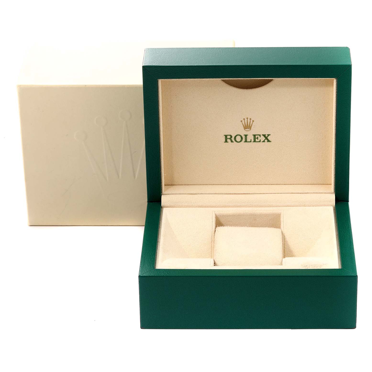The image shows an open, empty green Rolex box for the Datejust 41 model with an outer cream box in the background.