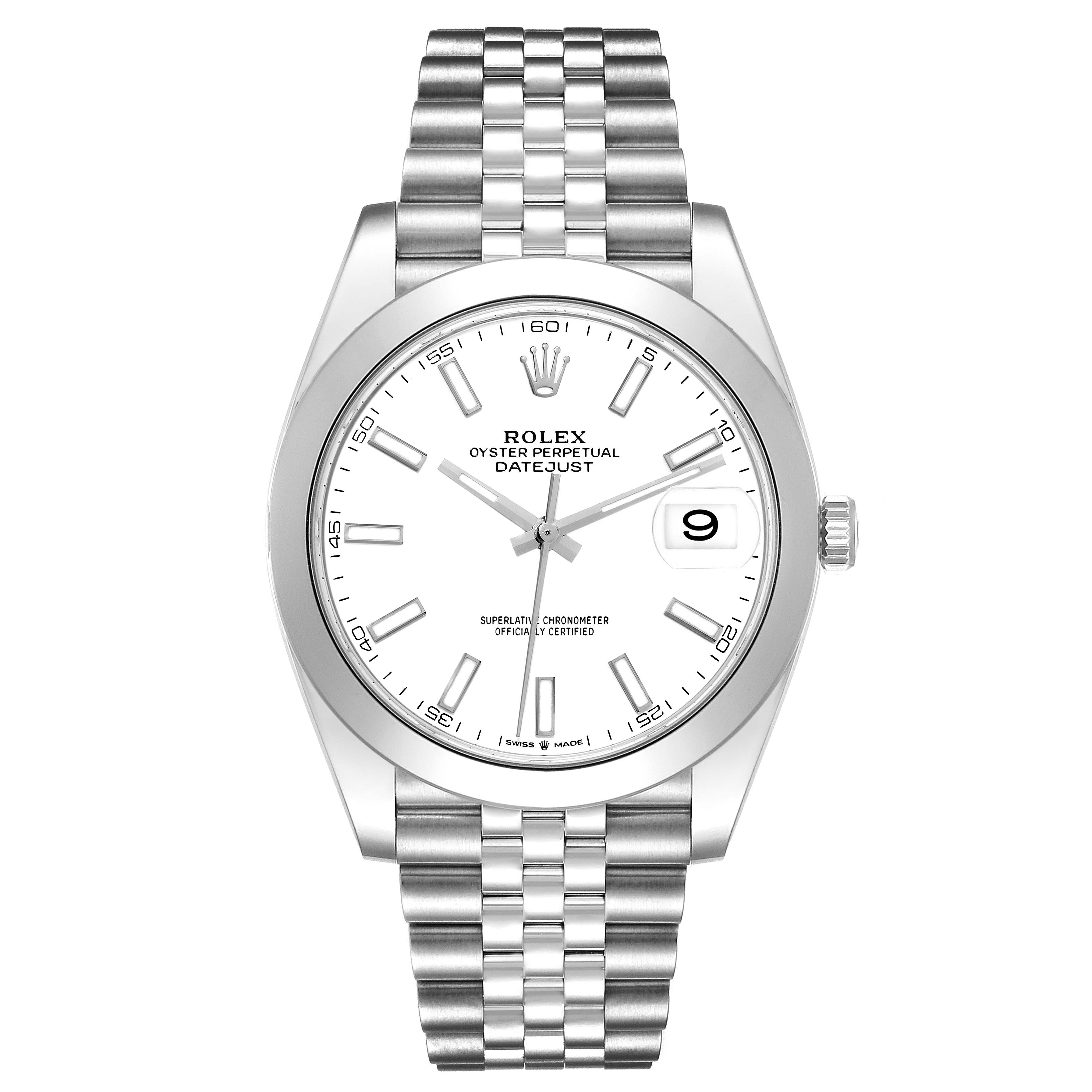 The image shows a front view of a Rolex Datejust 41 126300 Men's Stainless Steel White Dial 126300 Men's Stainless Steel White Dial watch, displaying its face, bezel, crown, and bracelet.