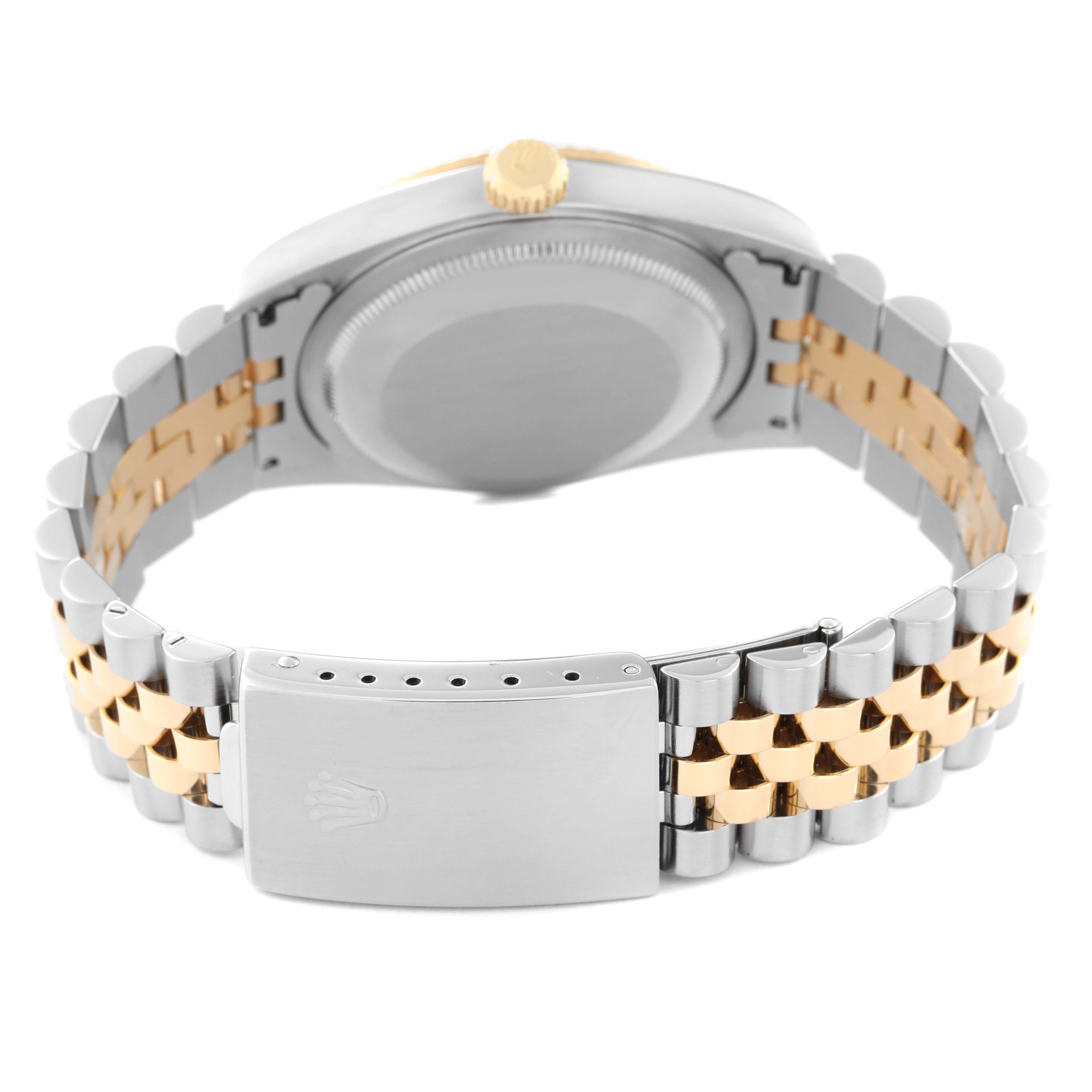 This image shows the back view of the Rolex Datejust 16233 Men's Steel and Gold (two tone) Blue Dial 16233 Men's Steel and Gold (two tone) Blue Dial watch, focusing on the case back, crown, and Jubilee bracelet with clasp.