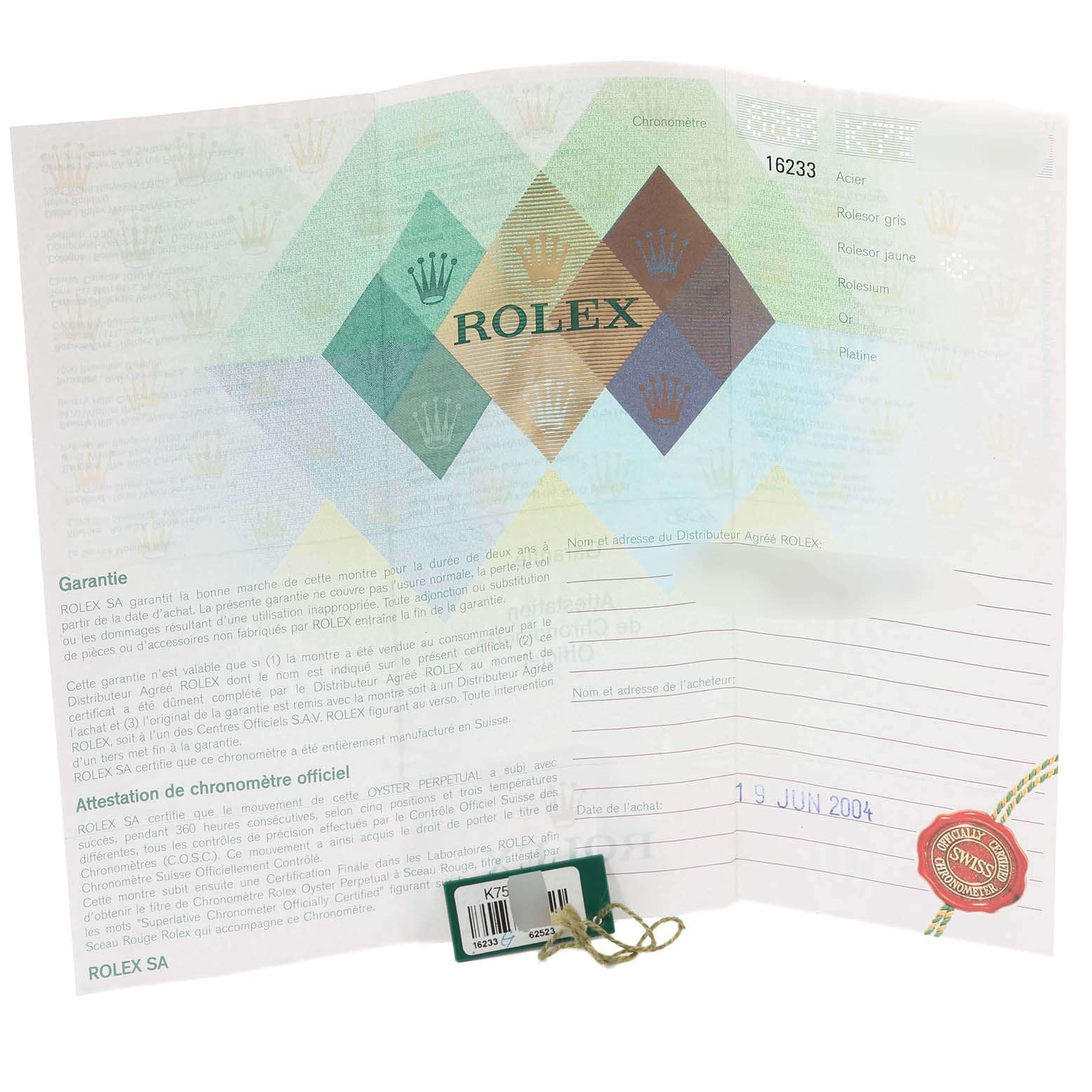 The image shows the warranty card and tags for the Rolex Datejust 16233 Men's Steel and Gold (two tone) Blue Dial 16233 Men's Steel and Gold (two tone) Blue Dial watch model.