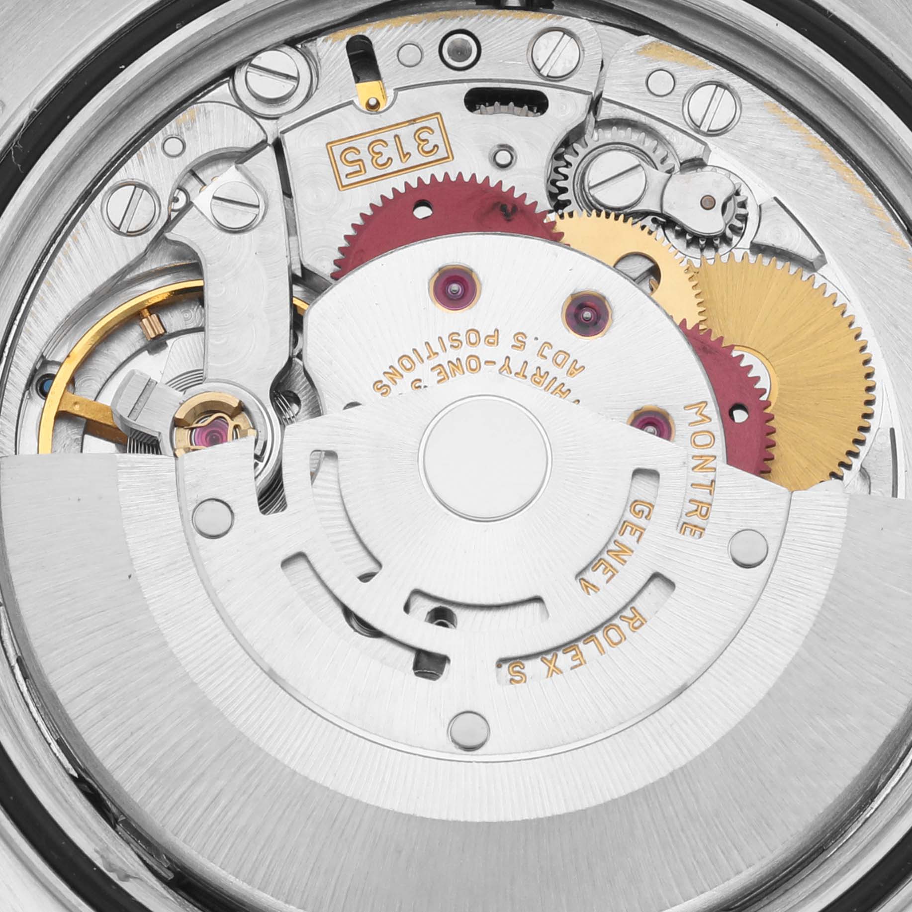 This image shows the internal mechanism and movement components of a Rolex Datejust 16233 Men's Steel and Gold (two tone) Blue Dial 16233 Men's Steel and Gold (two tone) Blue Dial watch from a close-up angle.