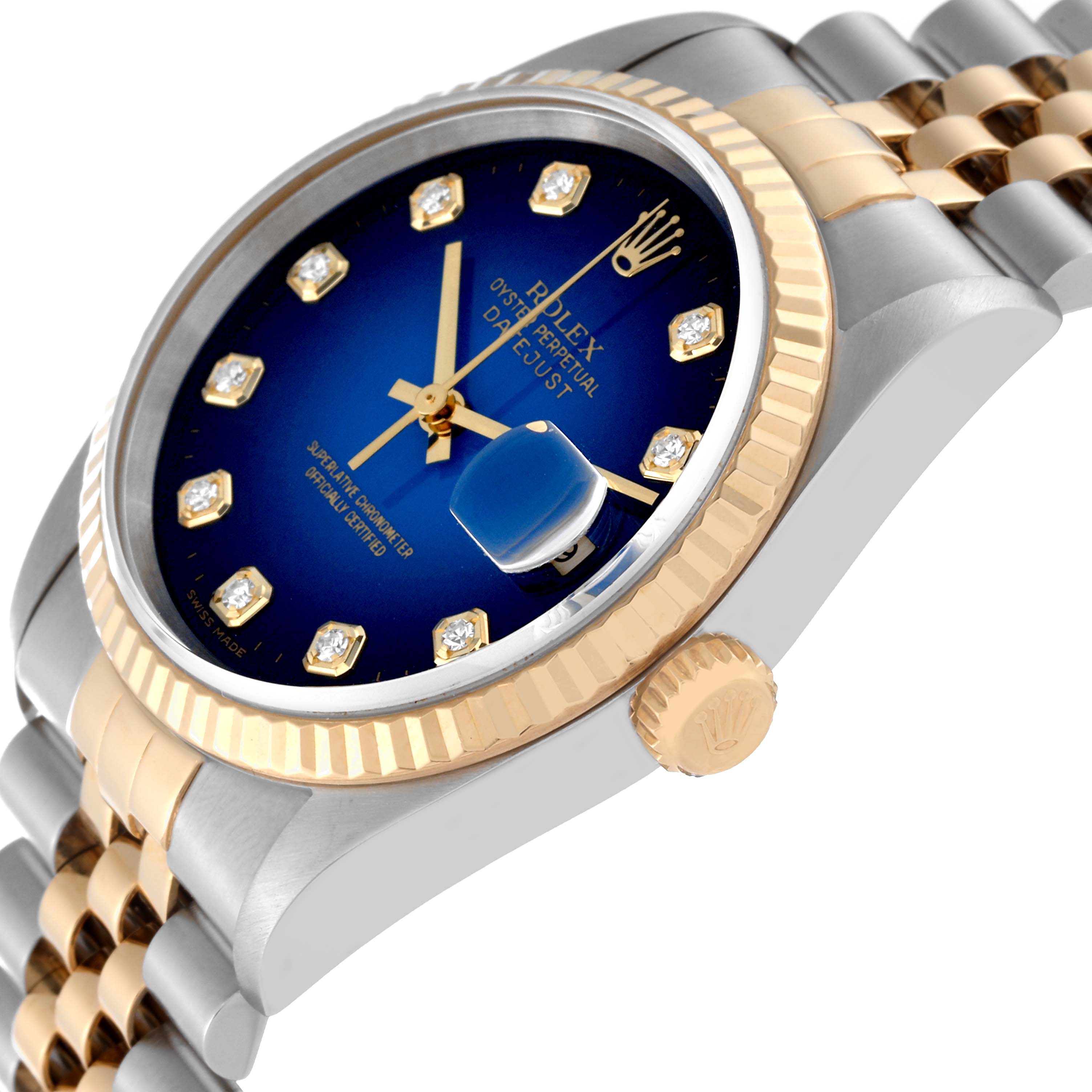 The image shows a close-up side angle of a Rolex Datejust 16233 Men's Steel and Gold (two tone) Blue Dial 16233 Men's Steel and Gold (two tone) Blue Dial watch, highlighting its blue dial, gold fluted bezel, and two-tone bracelet.