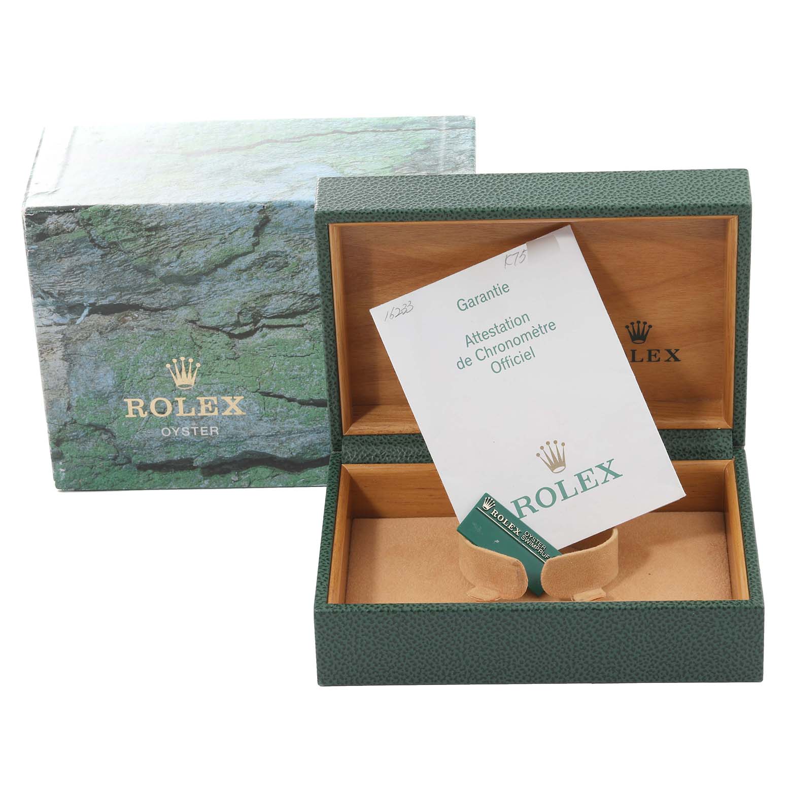 The image shows a Rolex Datejust 16233 Men's Steel and Gold (two tone) Blue Dial 16233 Men's Steel and Gold (two tone) Blue Dial watch box, lid open, with warranty card and cushion holder inside.