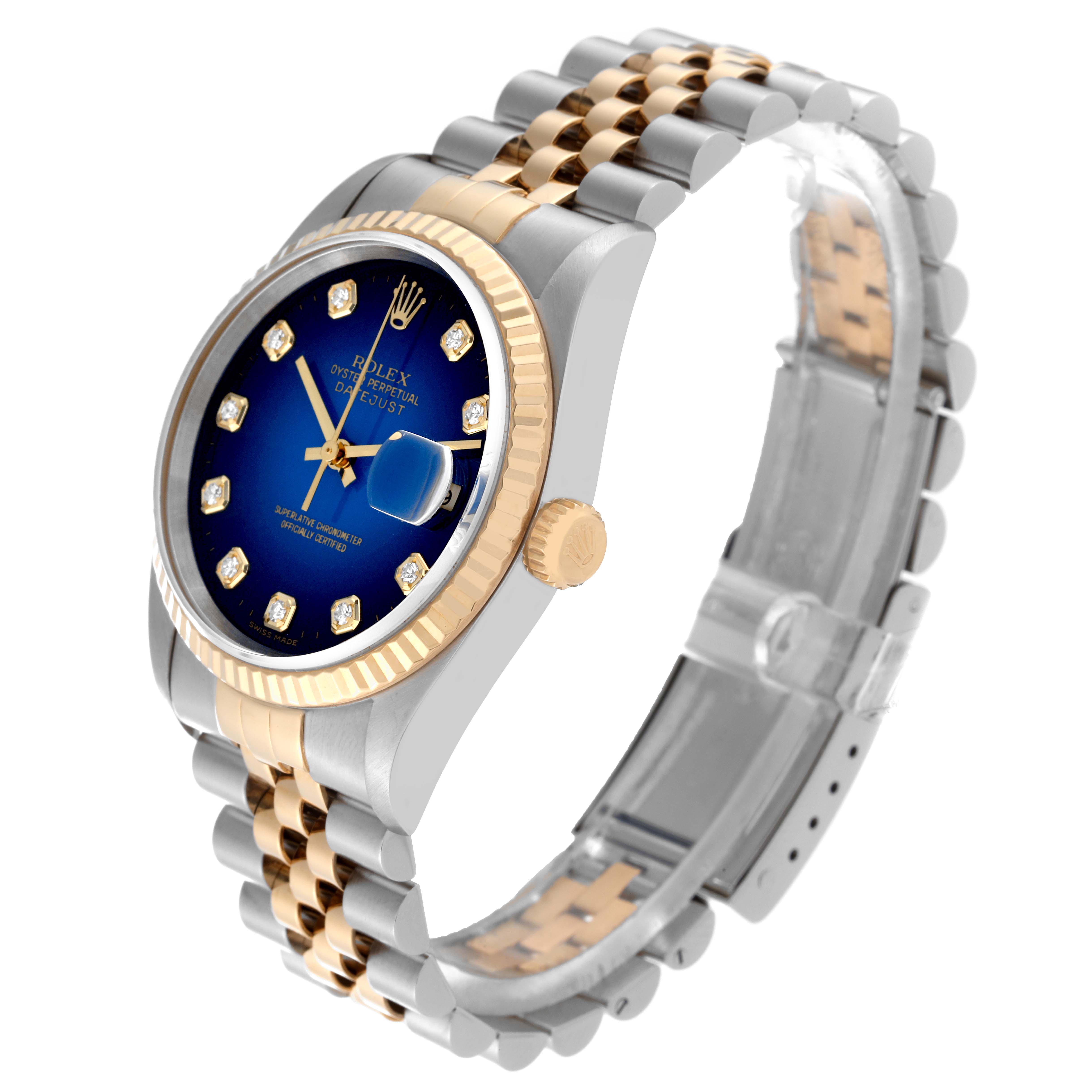 The image shows a Rolex Datejust 16233 Men's Steel and Gold (two tone) Blue Dial 16233 Men's Steel and Gold (two tone) Blue Dial watch at an angled profile, highlighting its dial, bezel, case, crown, and bracelet.