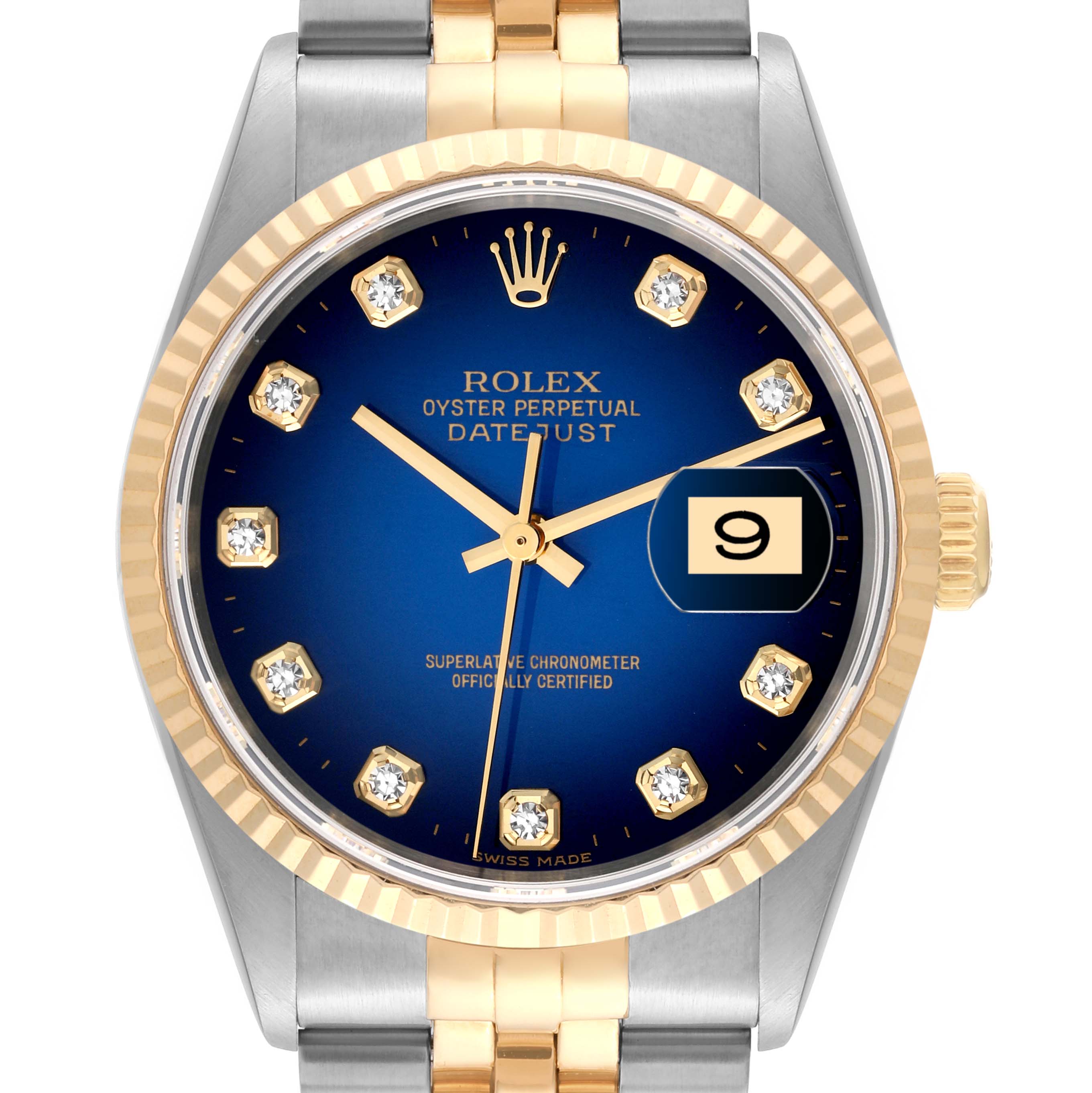 The image shows a front view of the Rolex Datejust 16233 Men's Steel and Gold (two tone) Blue Dial 16233 Men's Steel and Gold (two tone) Blue Dial's face, bezel, and part of its bracelet.