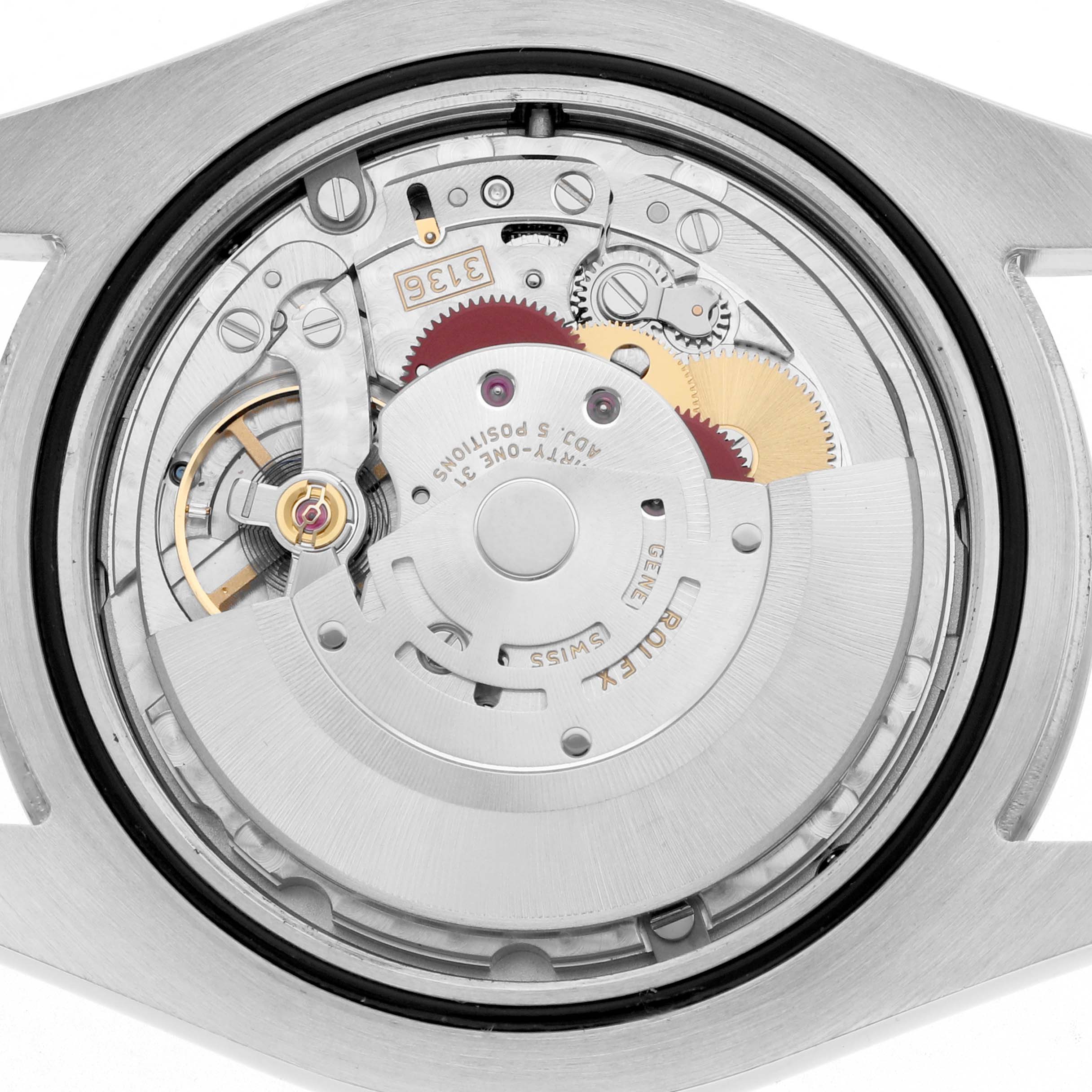 The image shows the movement of a Rolex Datejust 41 116334 Men
s Stainless Steel Silver Dial watch, viewed from the back, highlighting the intricate gears and rotor.