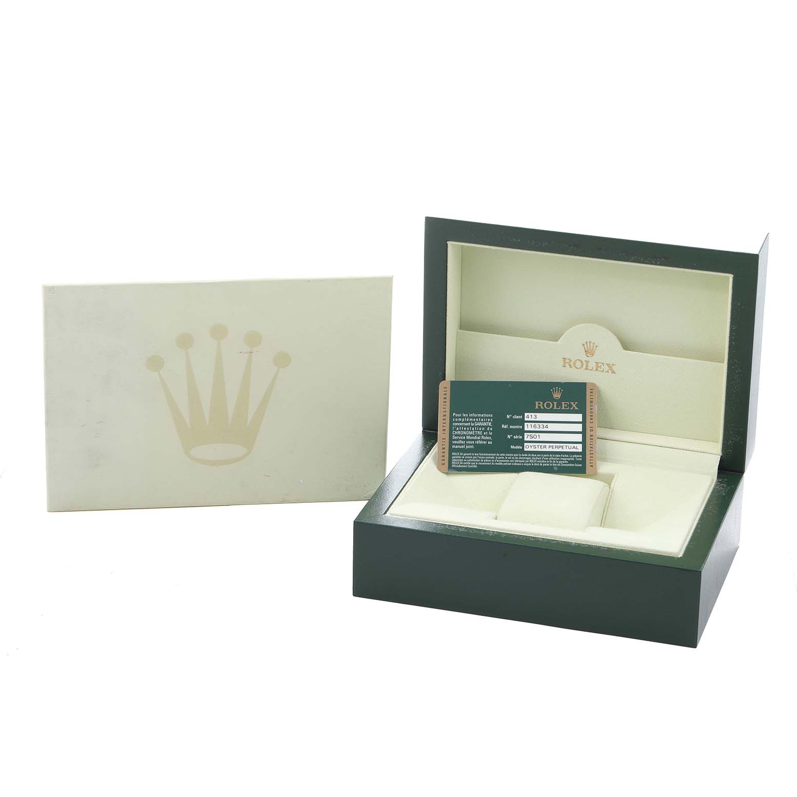 The image shows the packaging for a Rolex Datejust 41 116334 Men
s Stainless Steel Silver Dial, including an open box, cushion, and accompanying card.