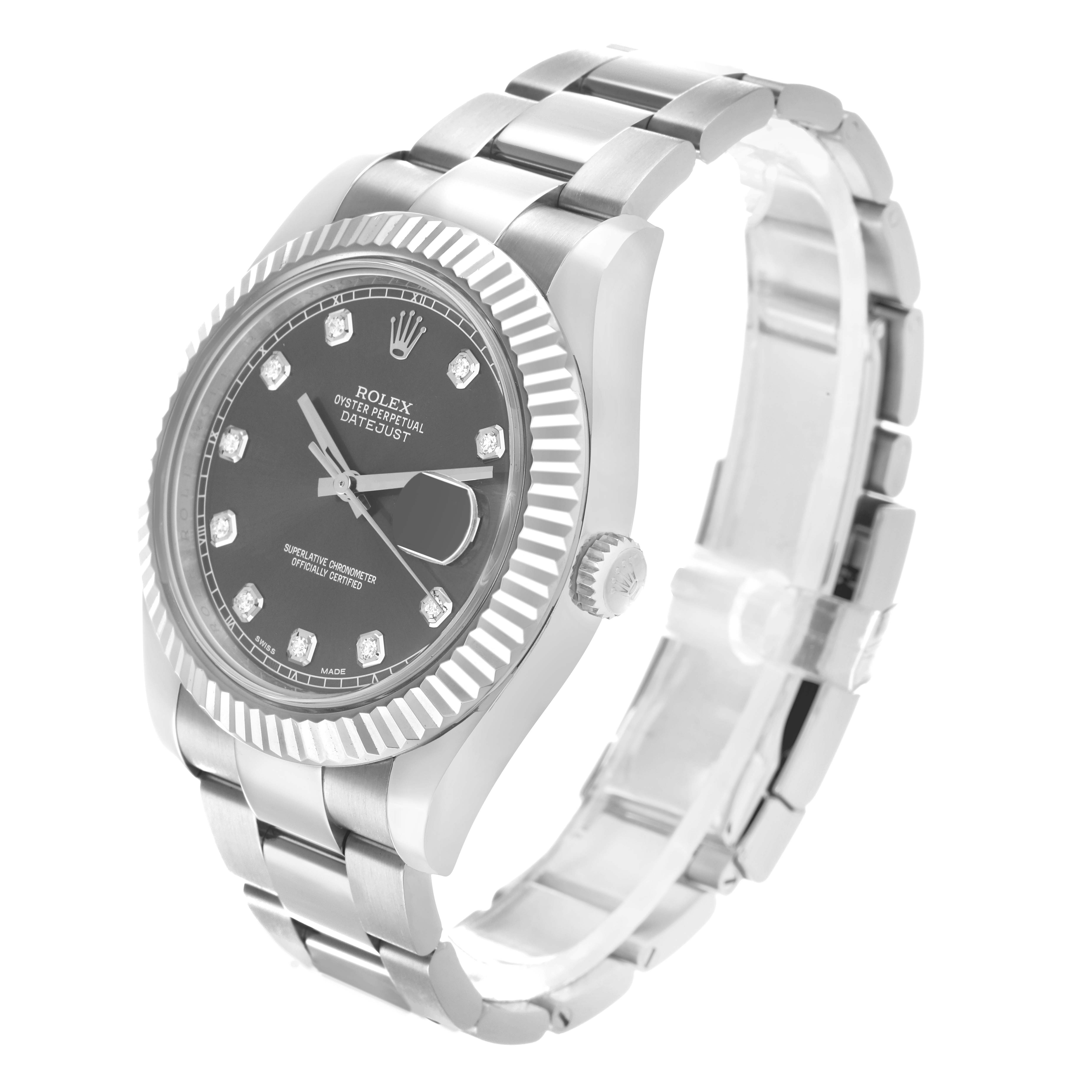 The Rolex Datejust 41 116334 Men
s Stainless Steel Silver Dial is shown at a three-quarter angle, highlighting the fluted bezel, dial, and stainless steel bracelet.